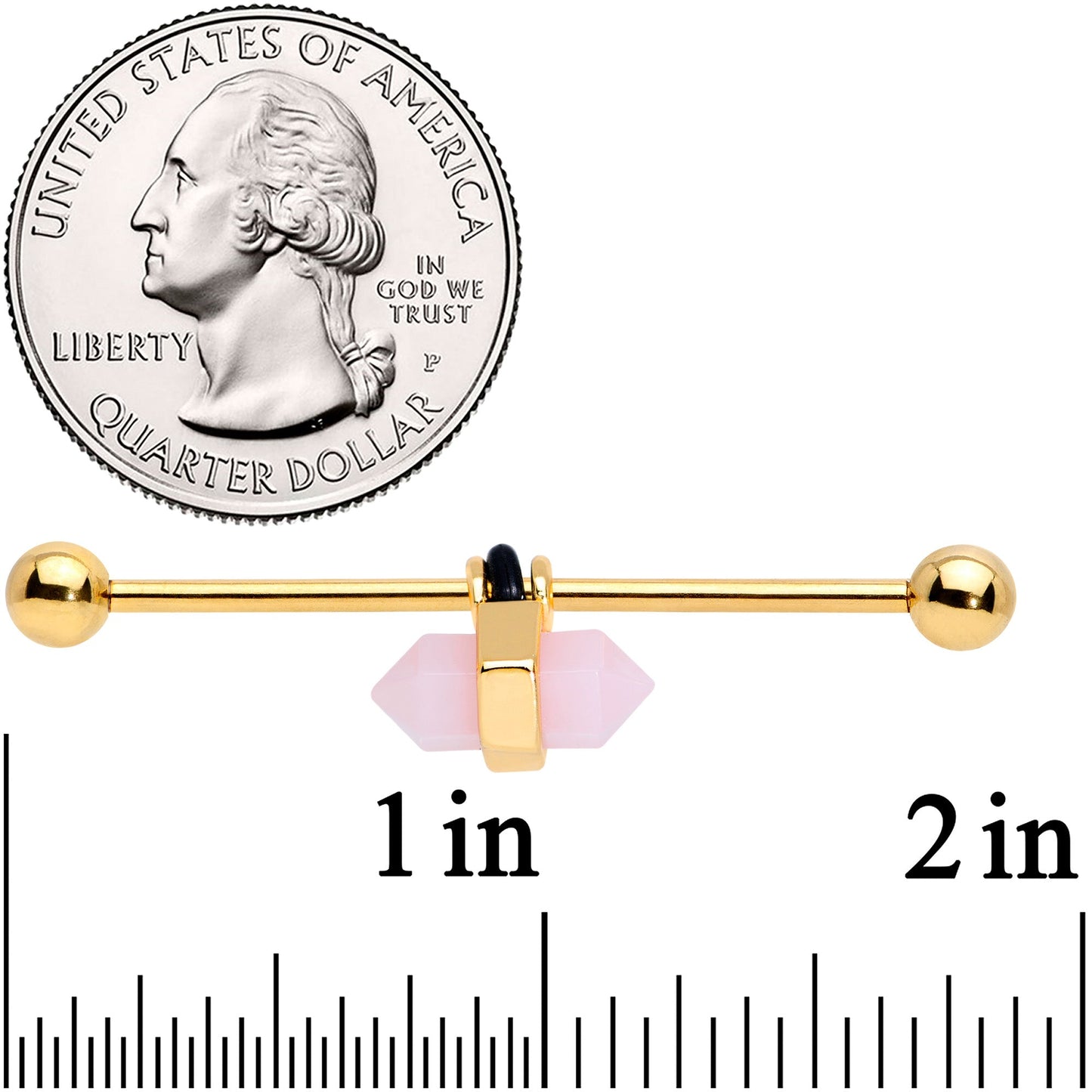 14G Gold Tone Pink Gem Industrial Barbell 38mm