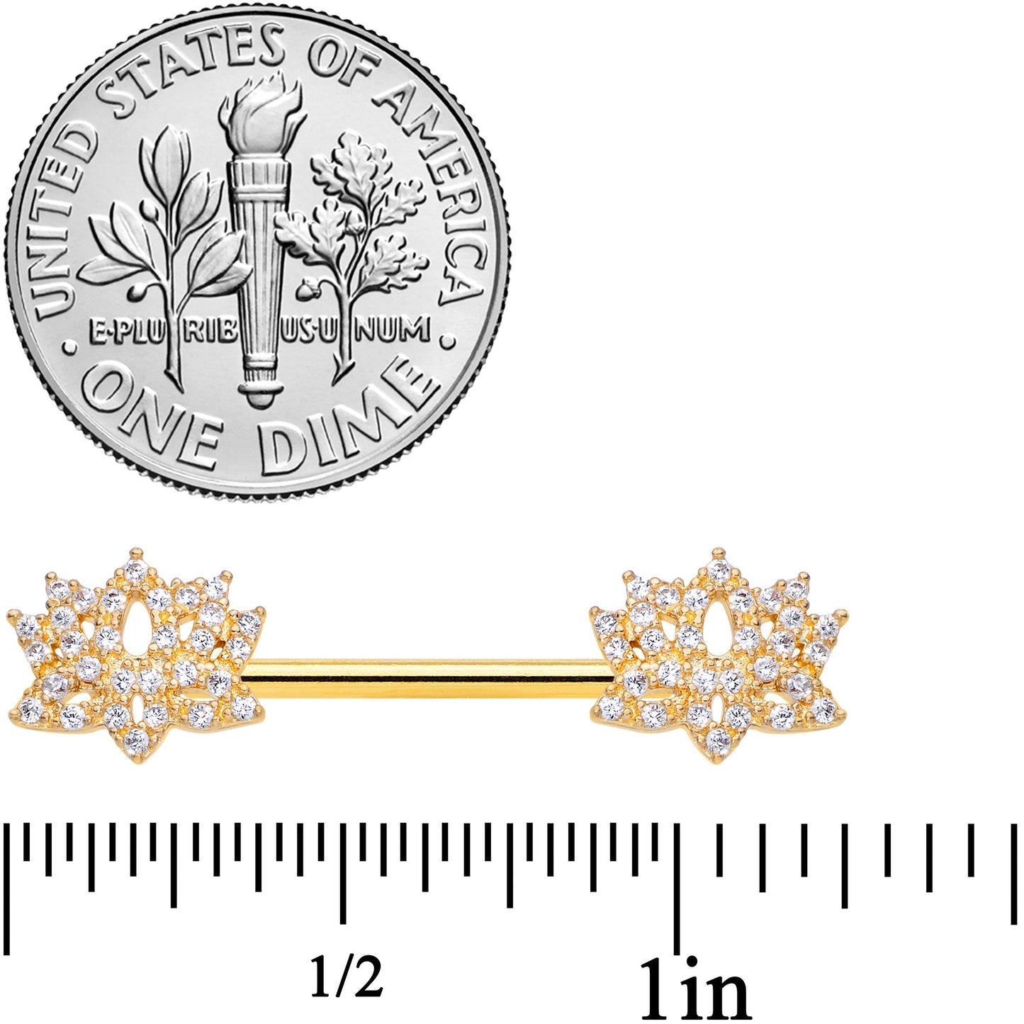 14G 9/16 Clear CZ Gem Gold Tone Lotus Flower Nipple Ring Set