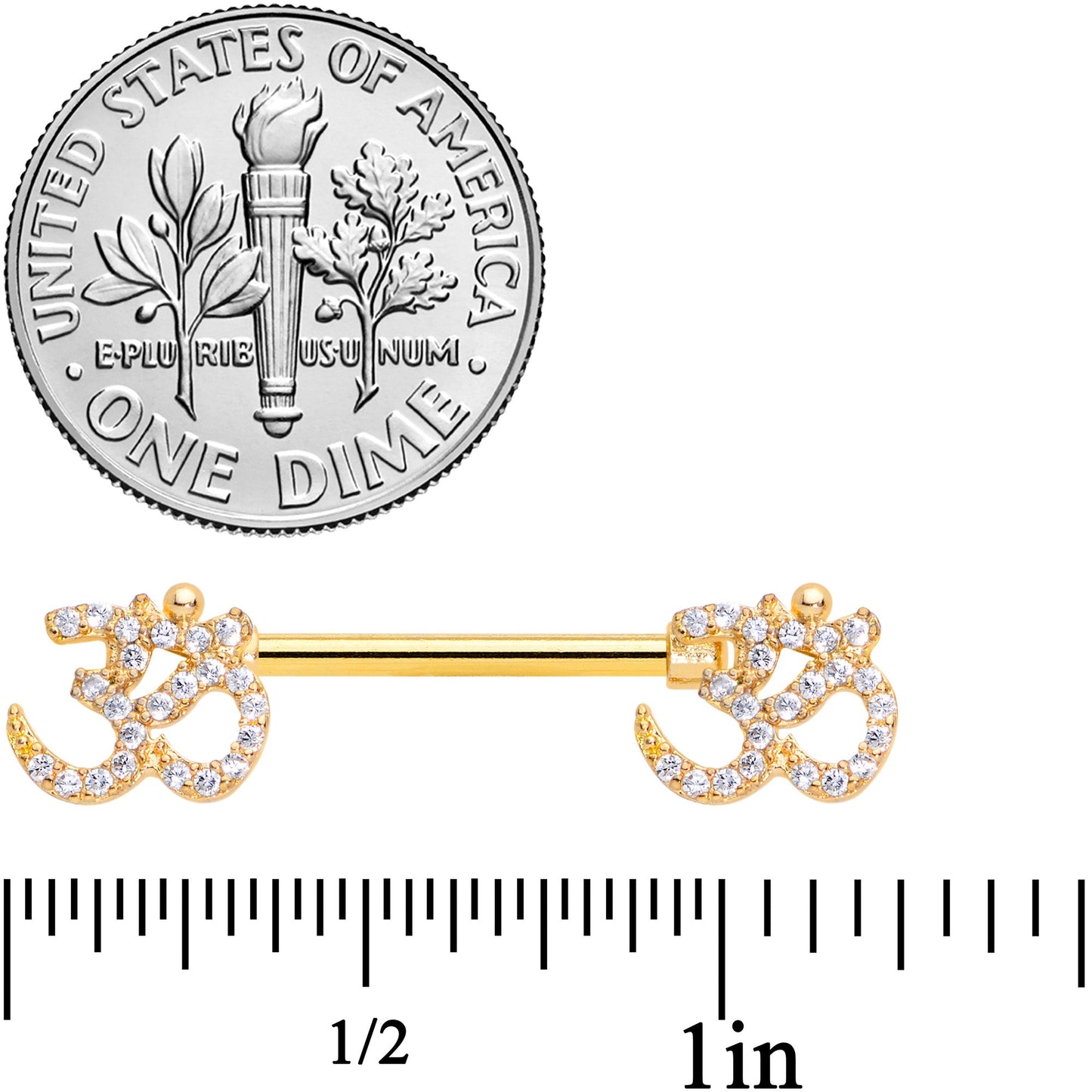 14G 9/16 Clear CZ Gem Gold Hue Amazing Om Barbell Nipple Ring Set