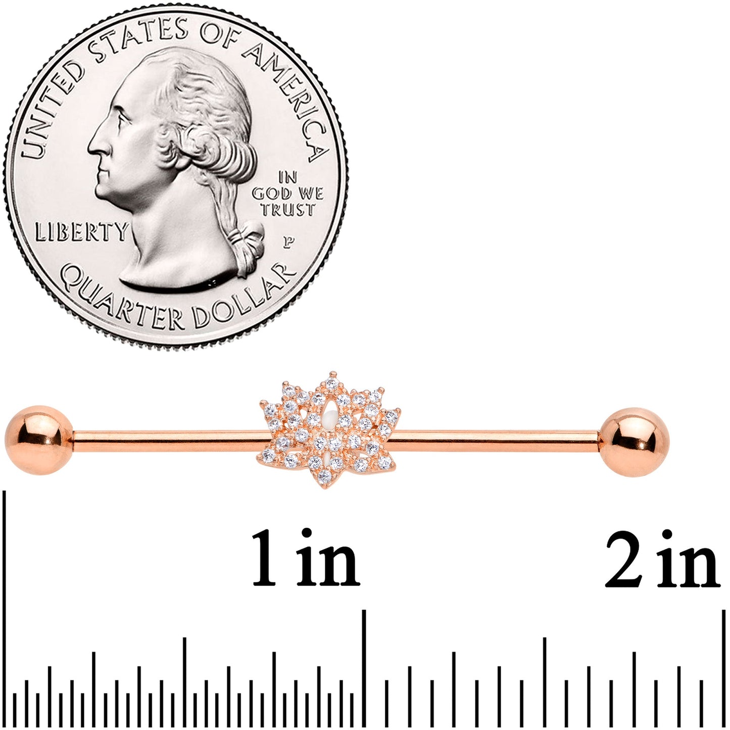 14G Clear CZ Gem Rose Gold Tone Lotus Industrial Barbell 38mm