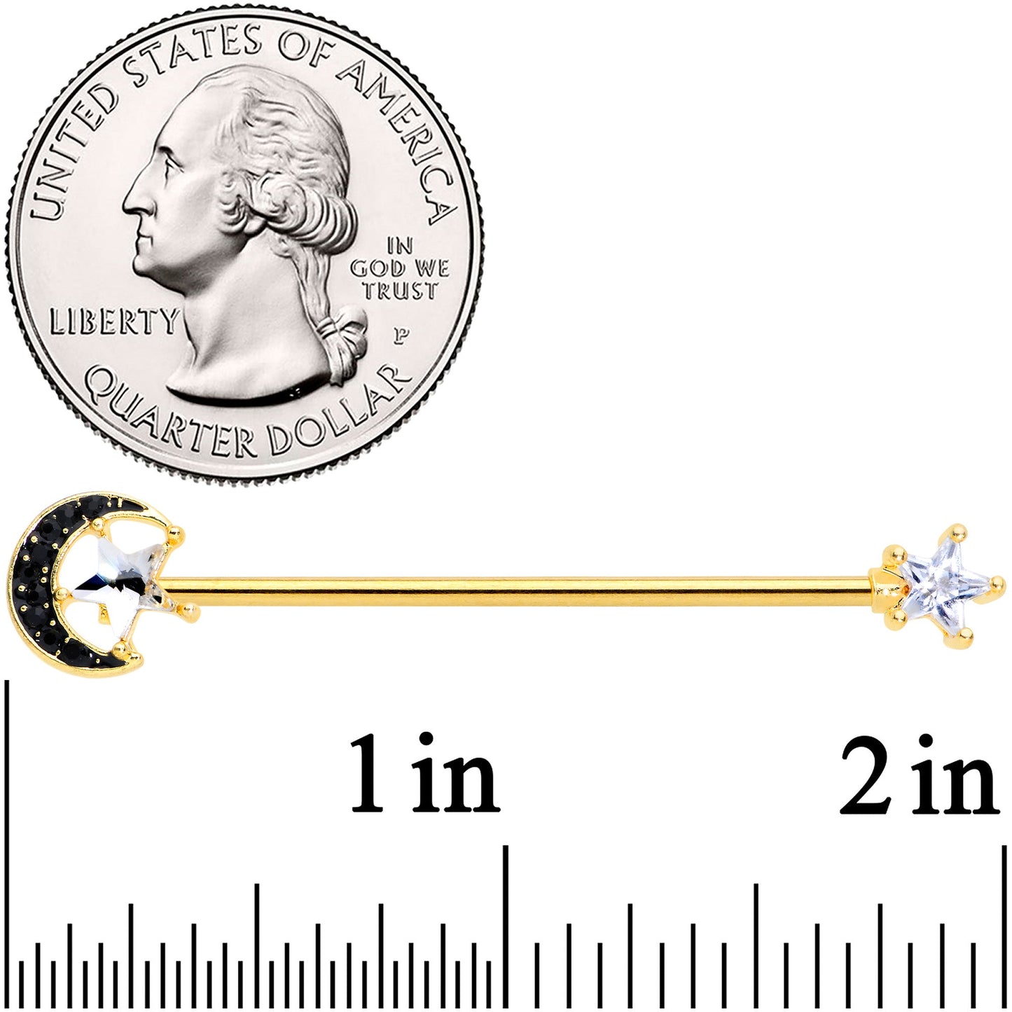 14G Clear CZ Gem Gold Hue Star Black Moon Industrial Barbell 38mm