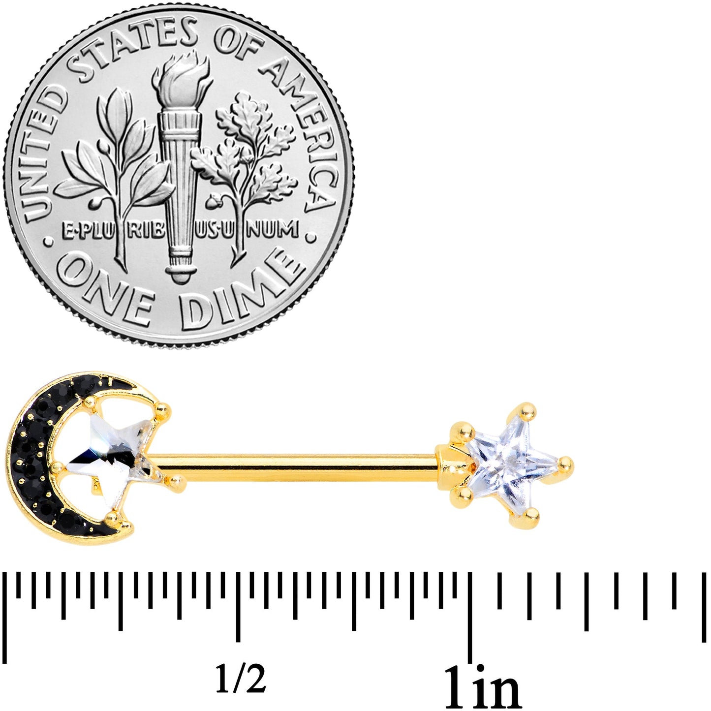 14G 5/8 Clear CZ Gem Gold Tone Black Moon Barbell Nipple Ring Set