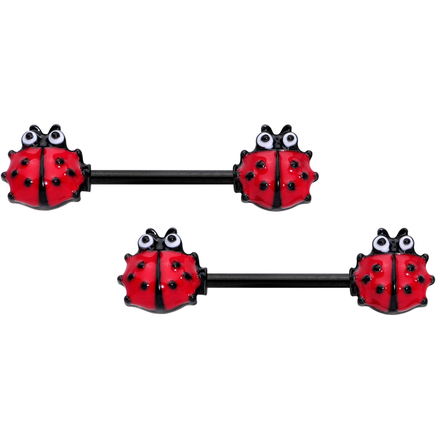 14G 9/16 Red Whimsical Ladybug Barbell Nipple Ring Set