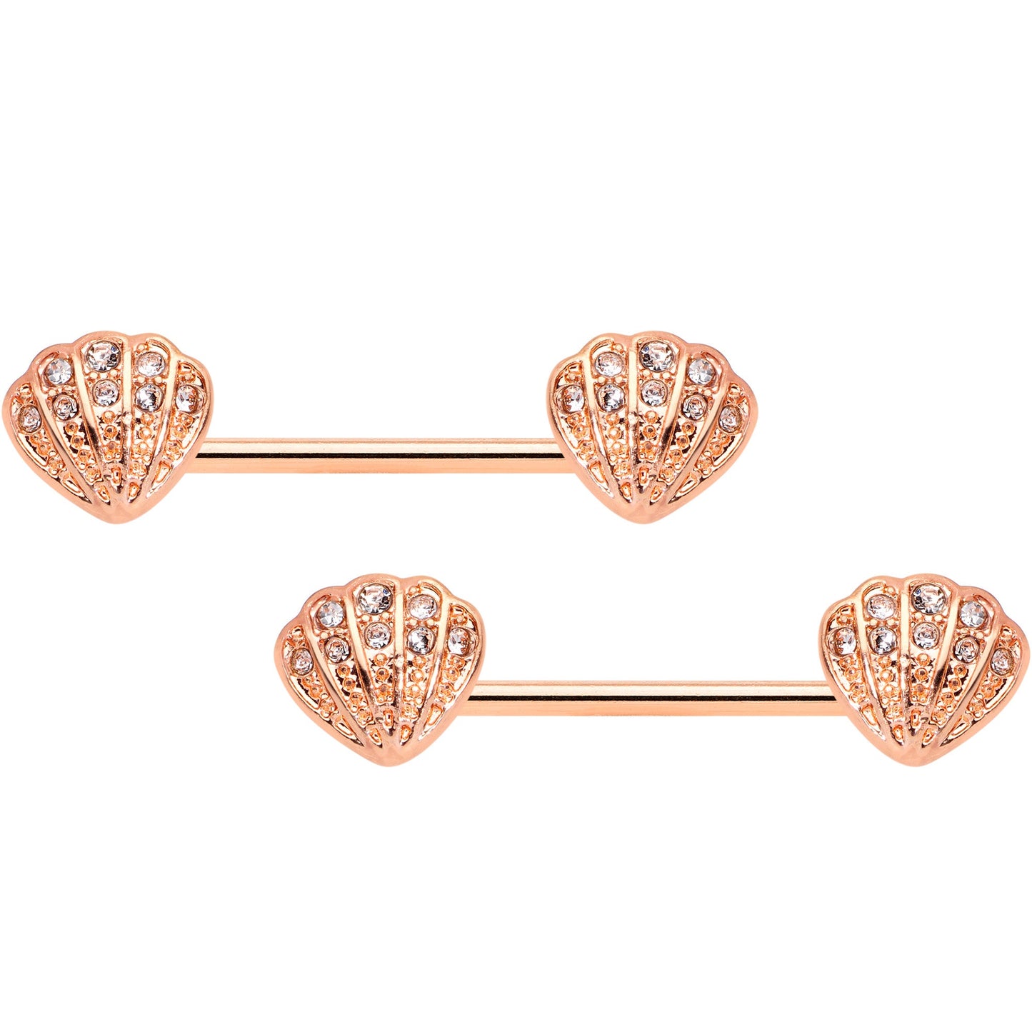 14G 5/8 Clear Gem Rose Gold Tone Shell Barbell Nipple Ring Set