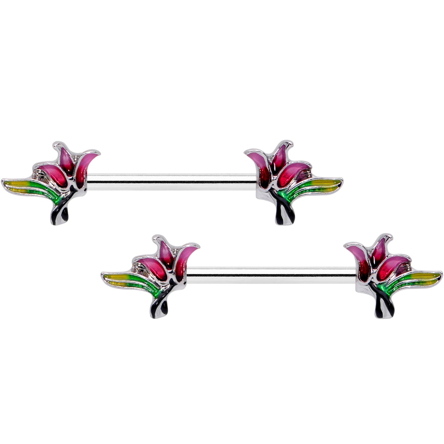 14G 5/8 Green Purple Tropical Flower Barbell Nipple Ring Set