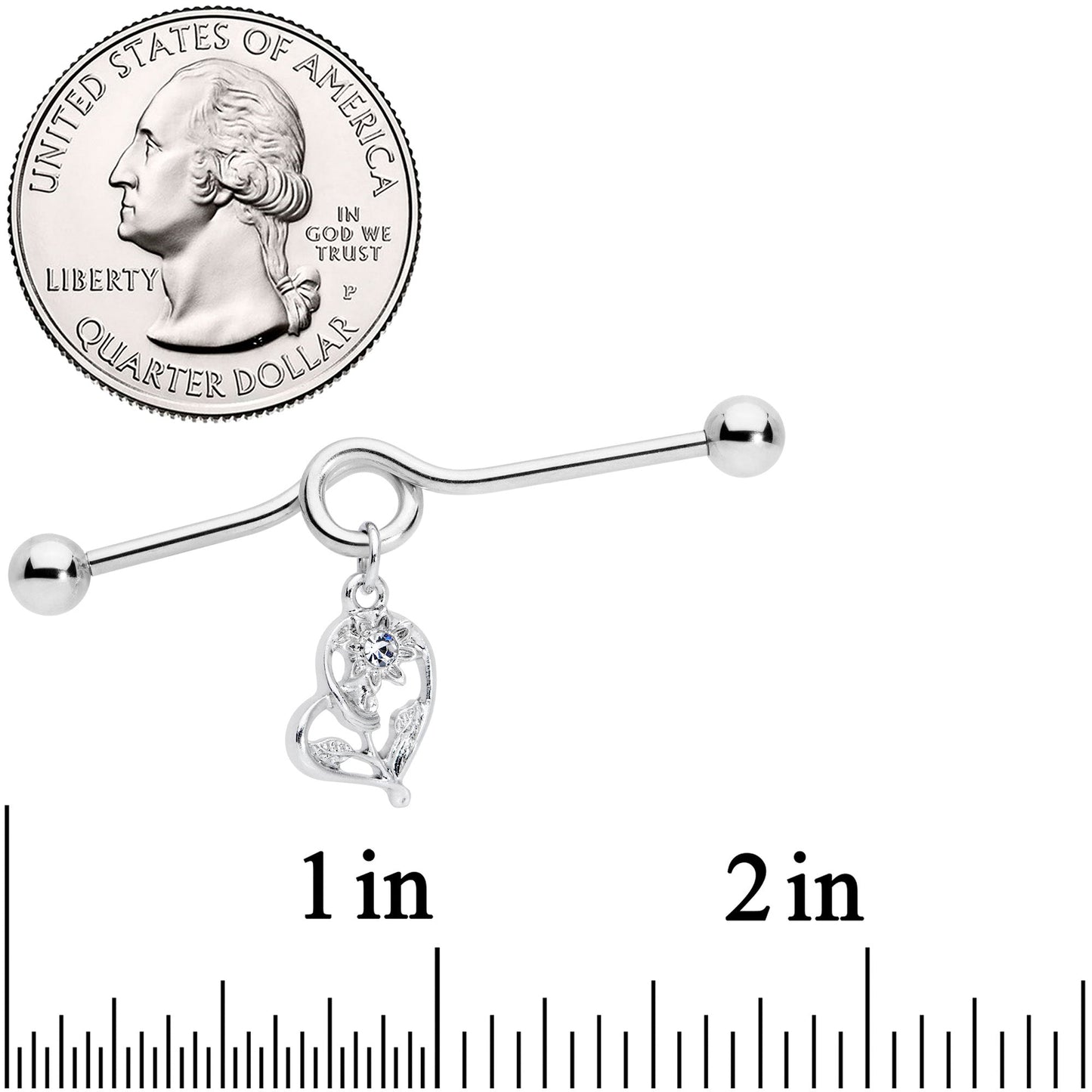 14G Clear Gem Blossoming Heart Flower Dangle Project Bar 38mm