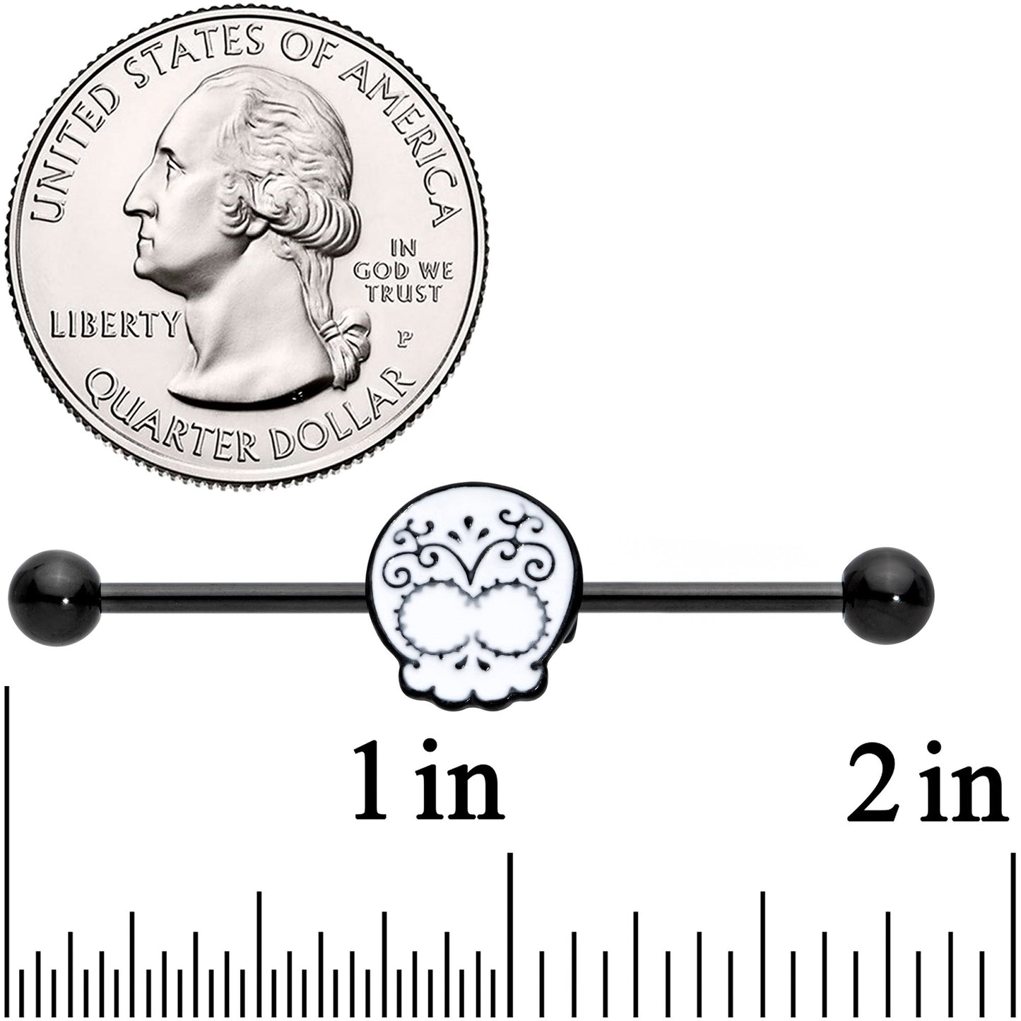 14G Black White Calavera Sugar Skull Industrial Barbell 38mm