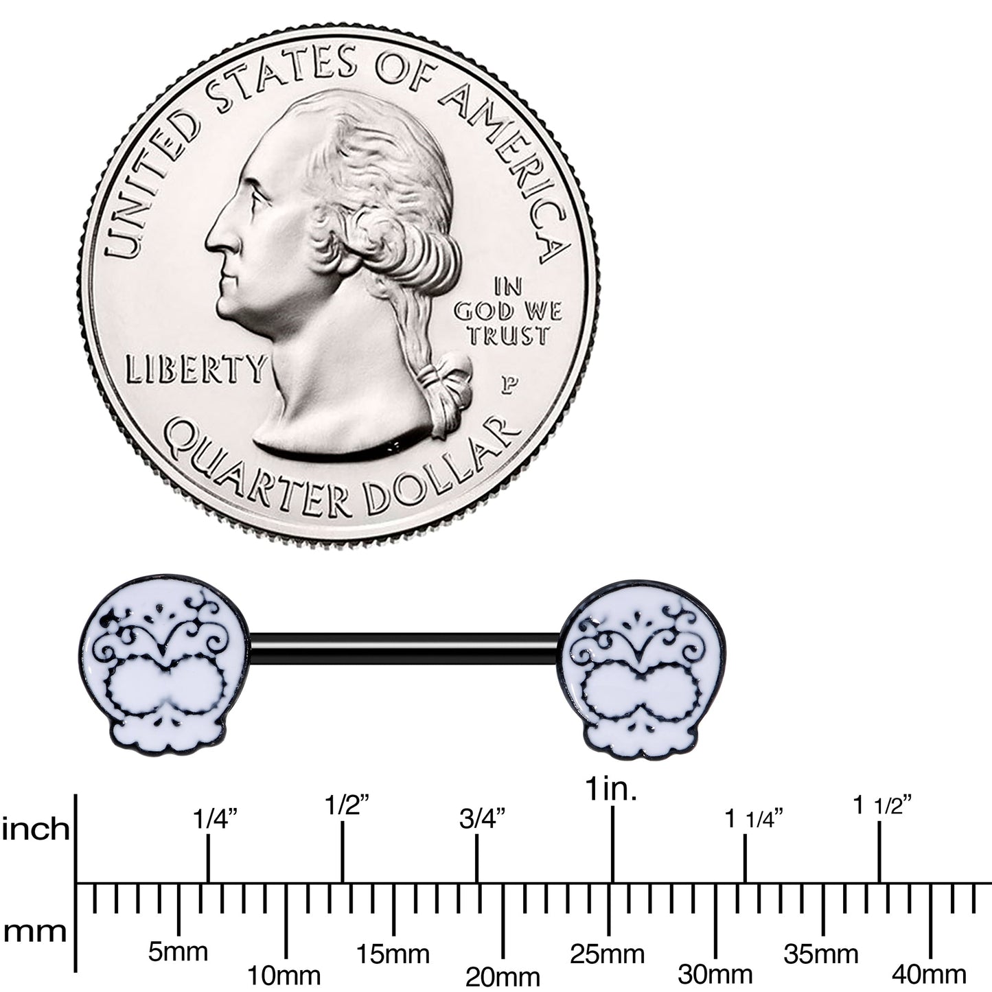 14G 9/16 Black Calavera Sugar Skull Barbell Nipple Ring Set