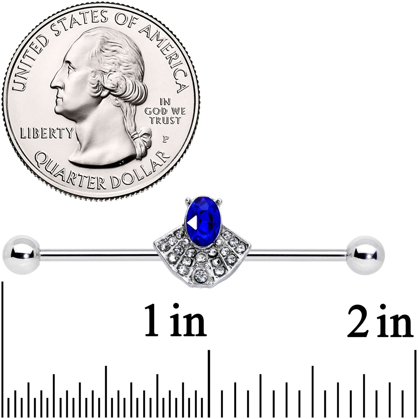 14G Blue Clear Gem Art Deco Fan Industrial Barbell 38mm