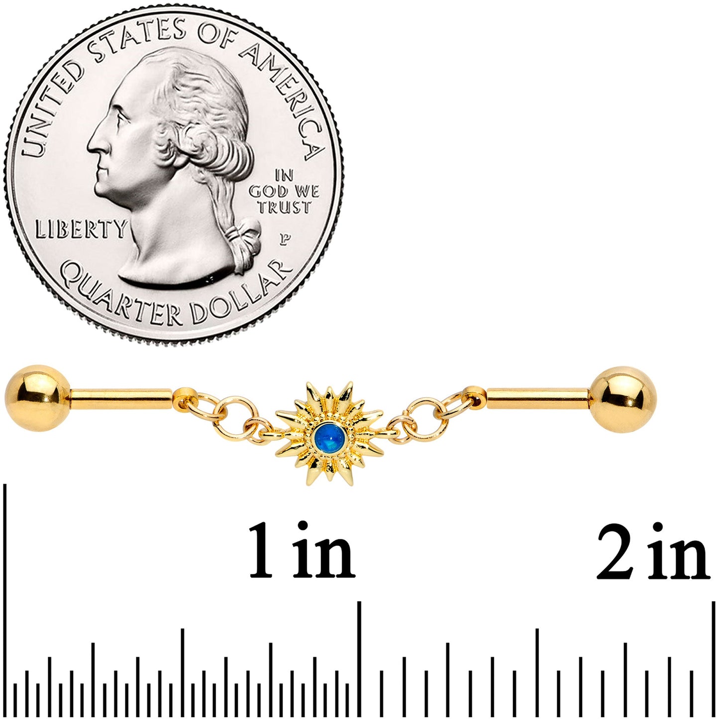 14G Blue Faux Druzy Gold Tone Sun Chain Industrial Barbell 38mm