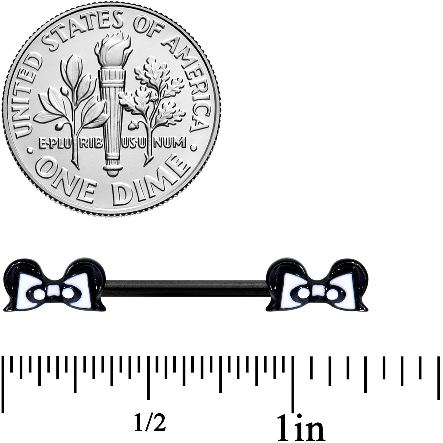 14G 9/16 Black White Formal Bow Barbell Nipple Ring Set