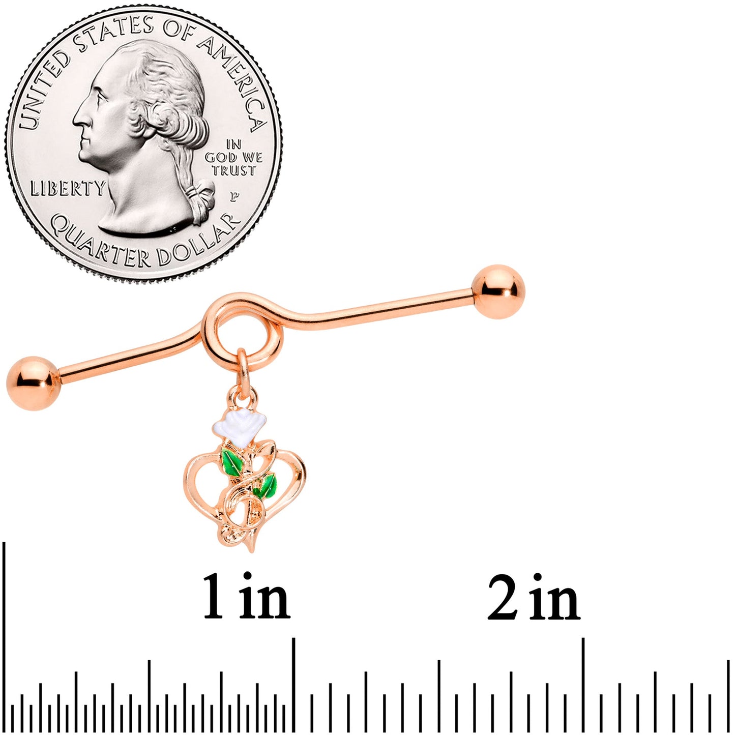 14G Rose Gold Tone Heart Flower Music Dangle Project Bar 38mm