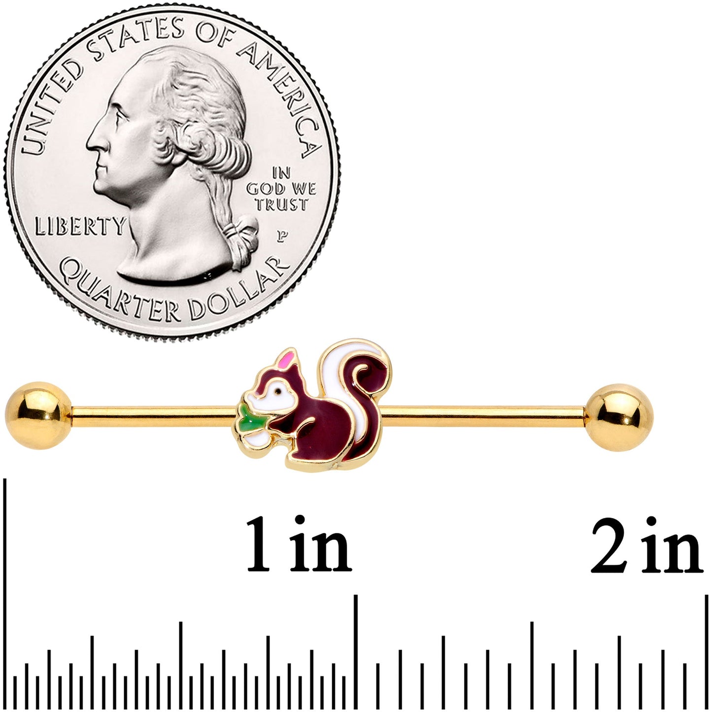 14G Gold Tone Snacking Squirrel Industrial Barbell 38mm