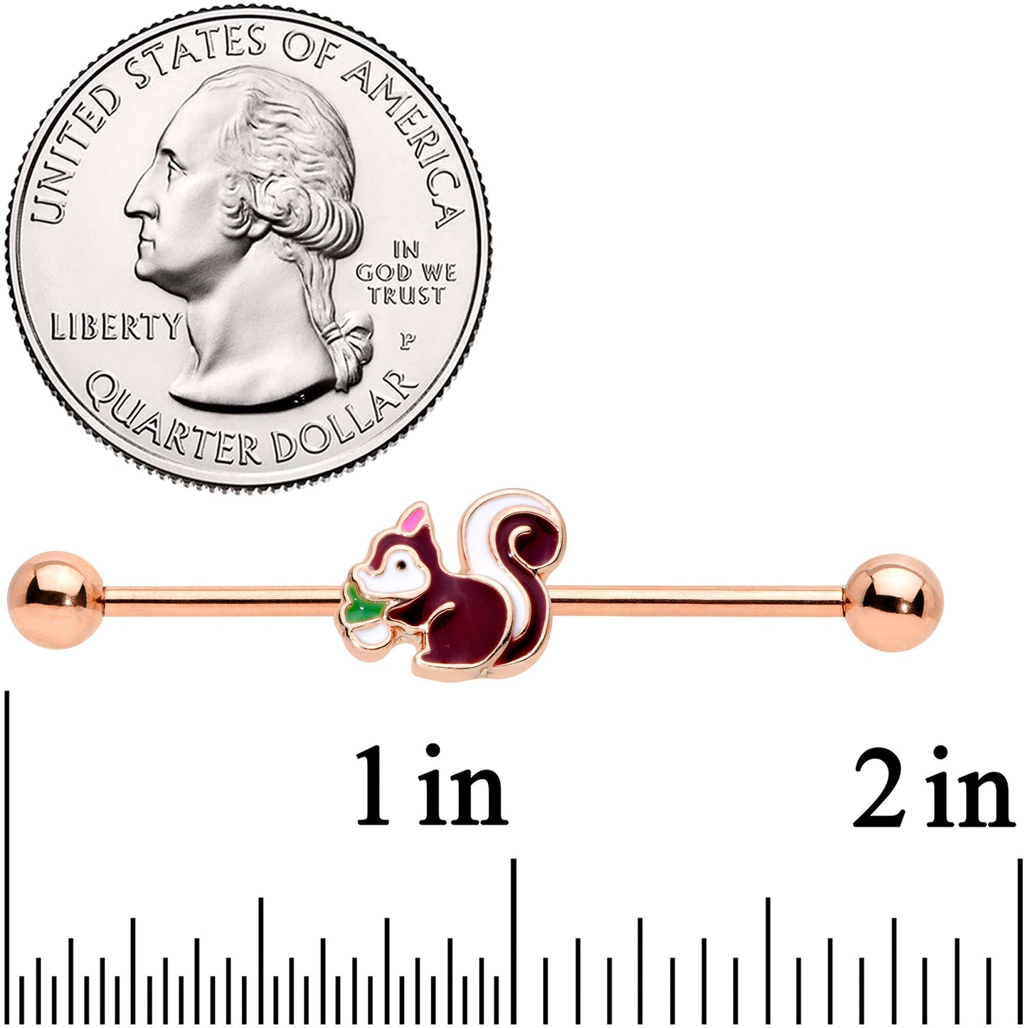 14G Rose Gold Tone Snacking Squirrel Industrial Barbell 38mm