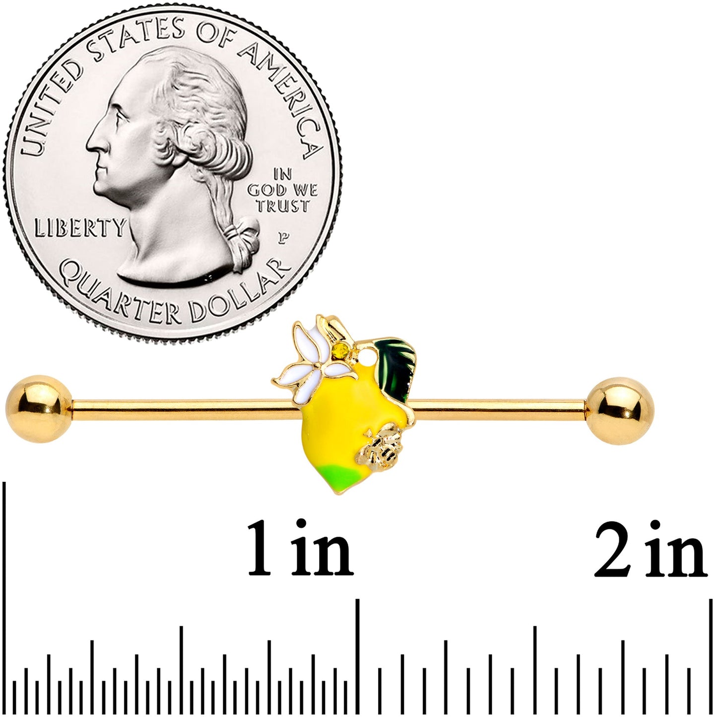 14G Gold Tone Bee Flower Lemon Industrial Barbell 38mm