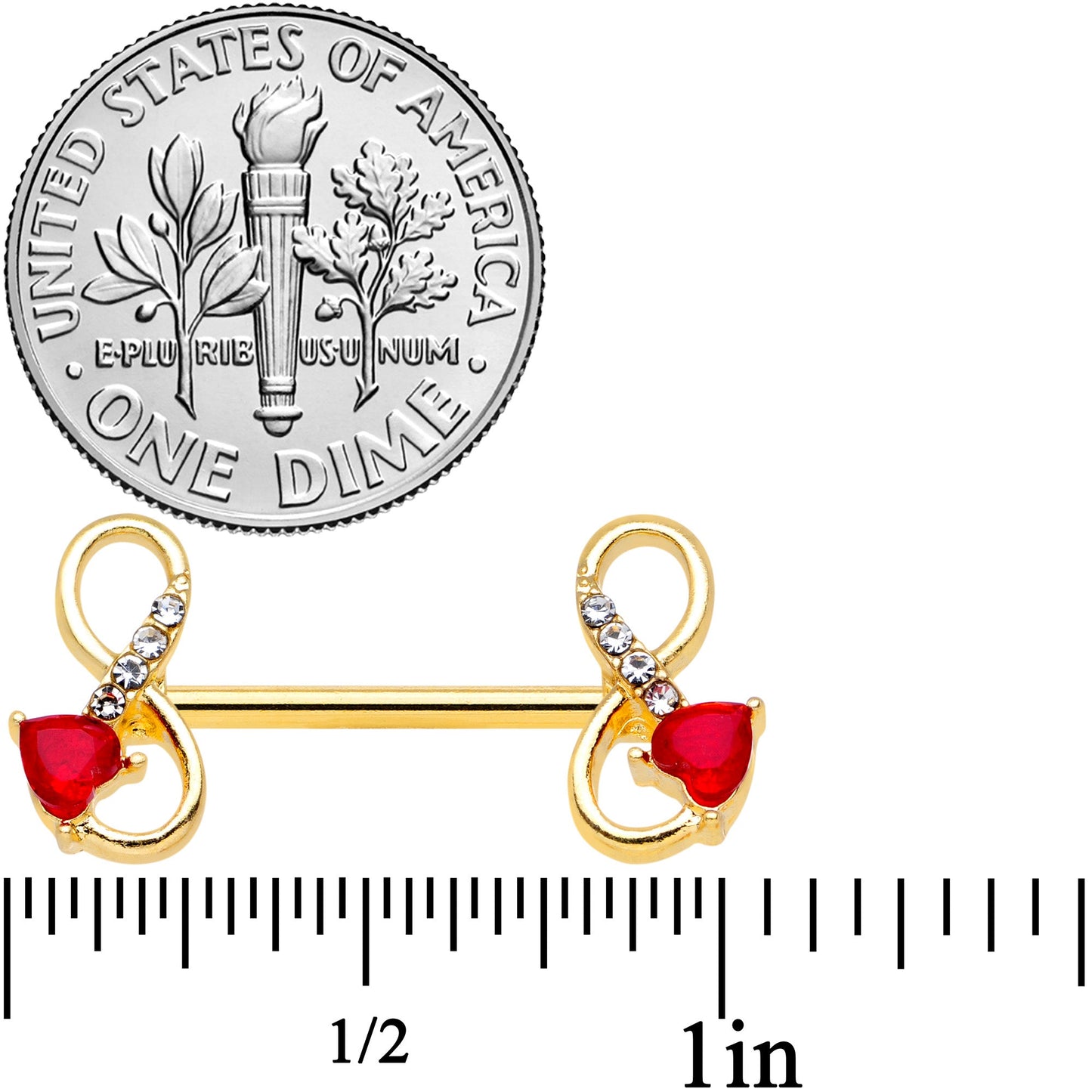 14G 9/16 Clear Red Gem Gold Tone Treble Clef Barbell Nipple Ring Set