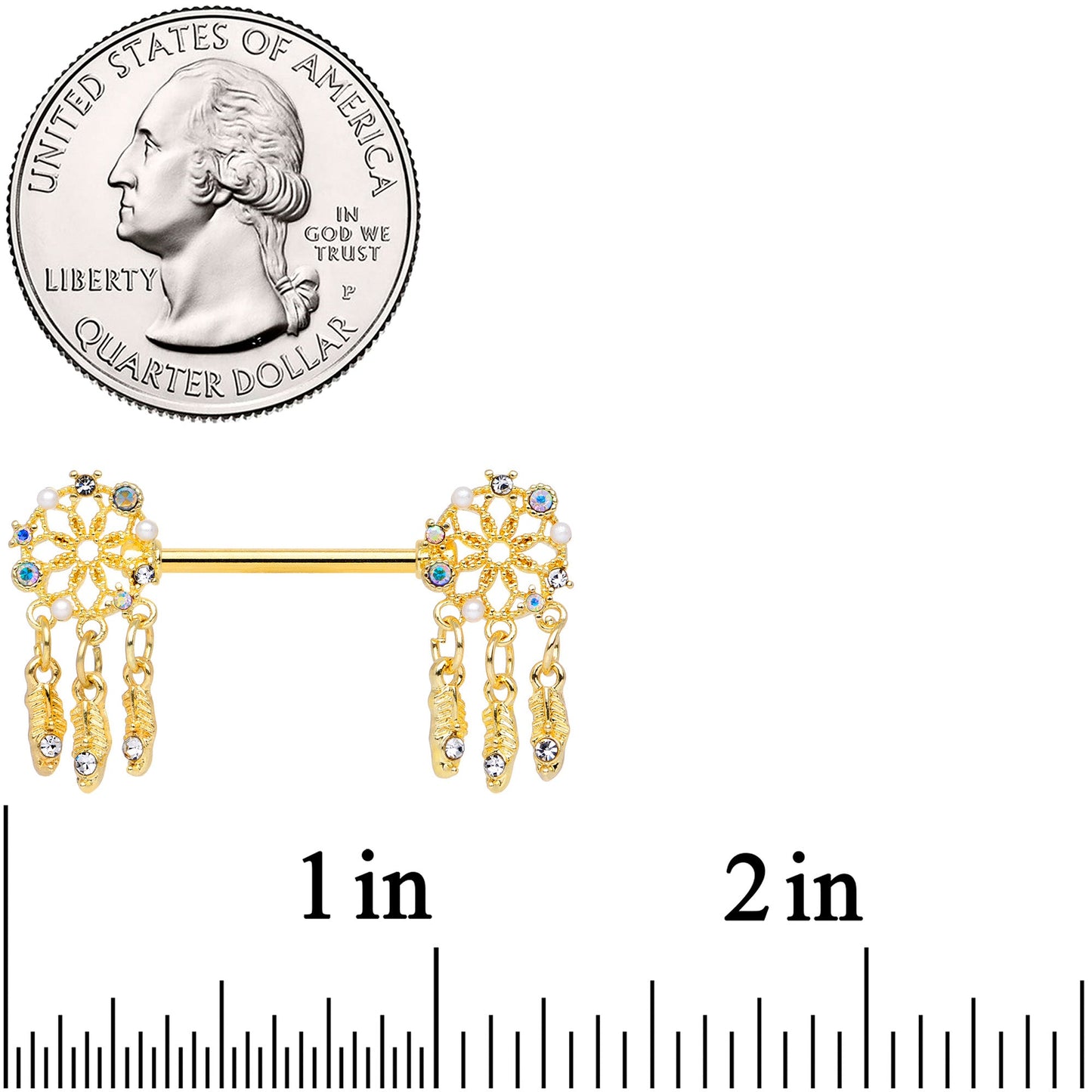 14G 5/8 Aurora CZ Gem Gold Tone Dreamcatcher Barbell Nipple Ring Set