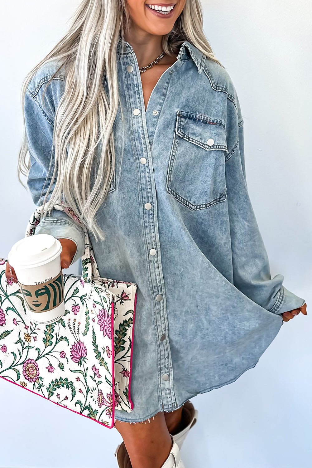 Beau Blue Chest Pocket Raw Hem Denim Loose Shirt Dress - Jaico Online Shop