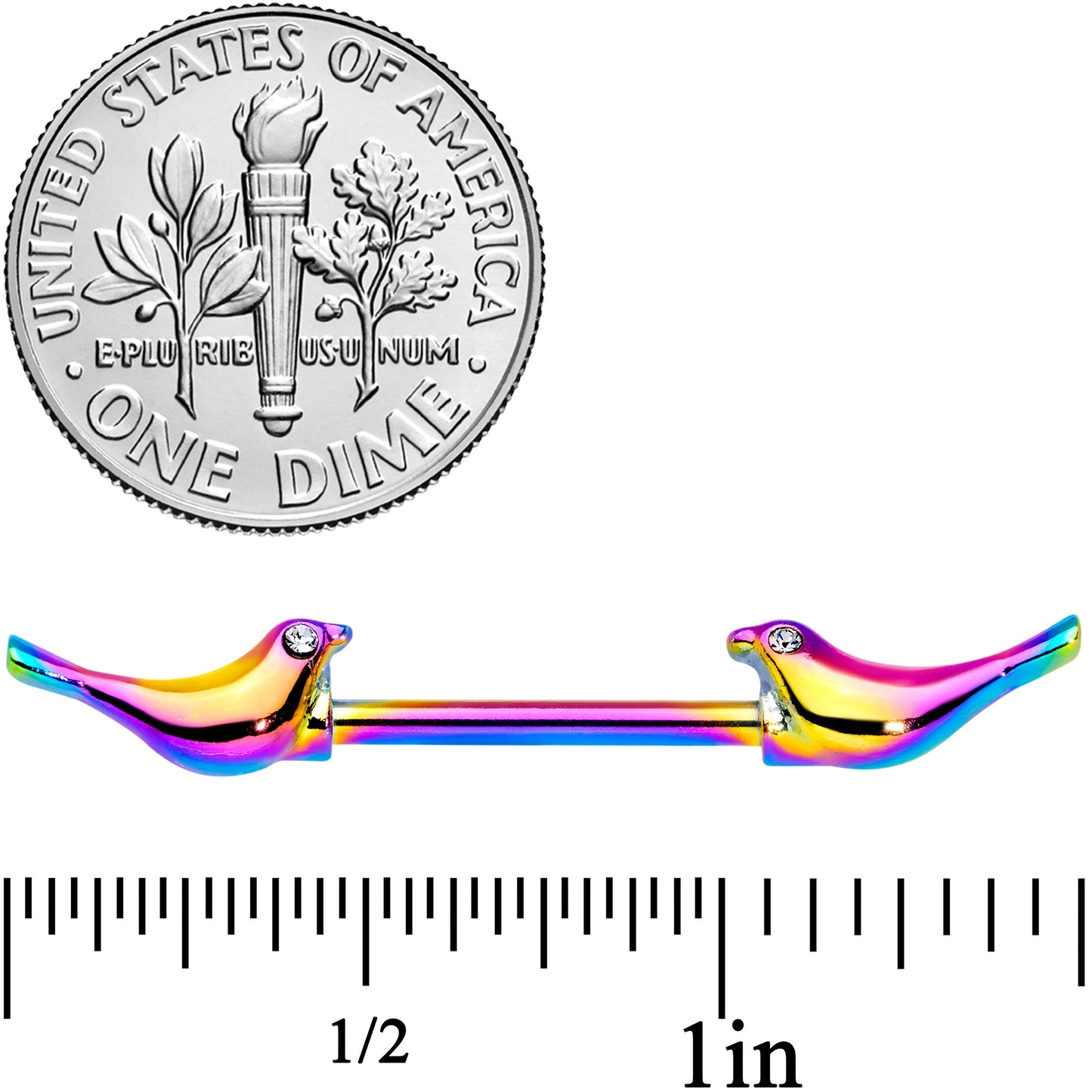 14G 9/16 Clear Gem Rainbow Bird Barbell Nipple Ring Set