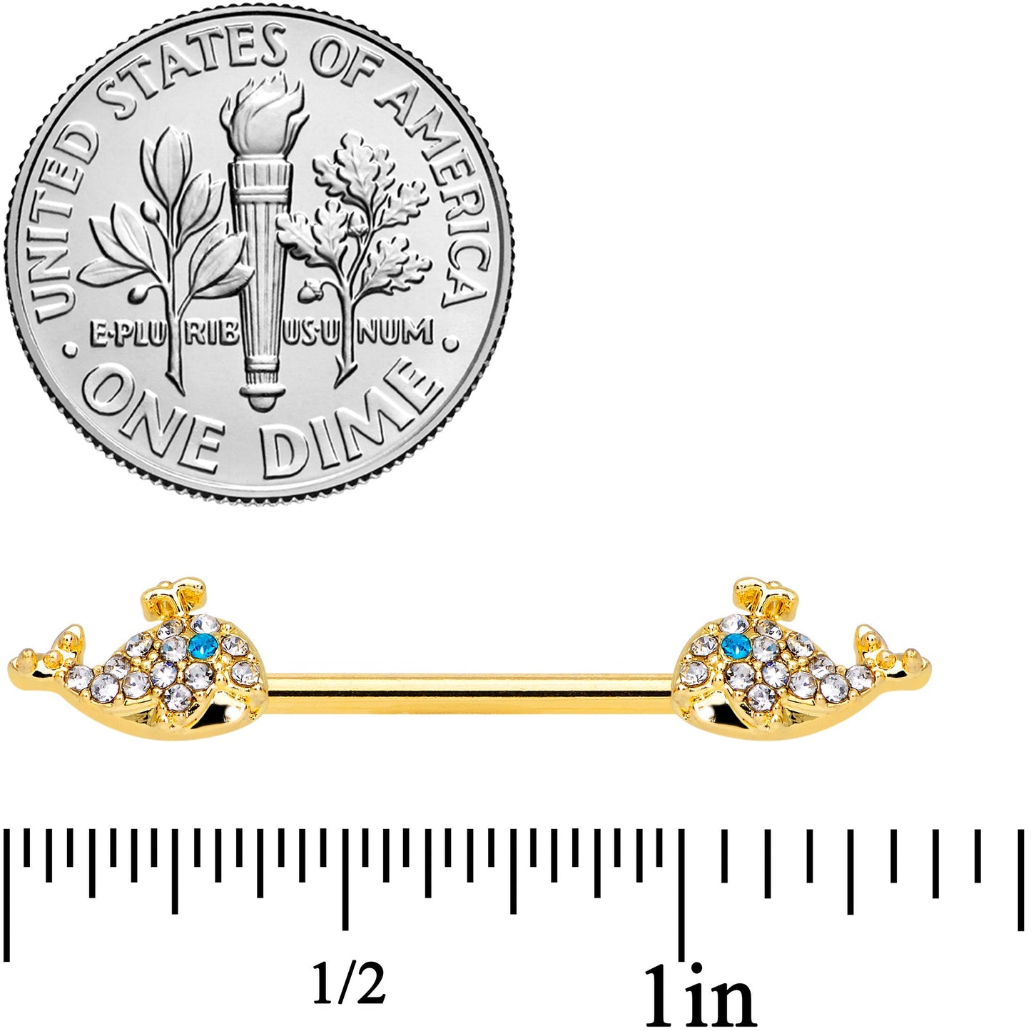 14G 5/8 Blue CZ Gem Gold Tone Whale Barbell Nipple Ring Set