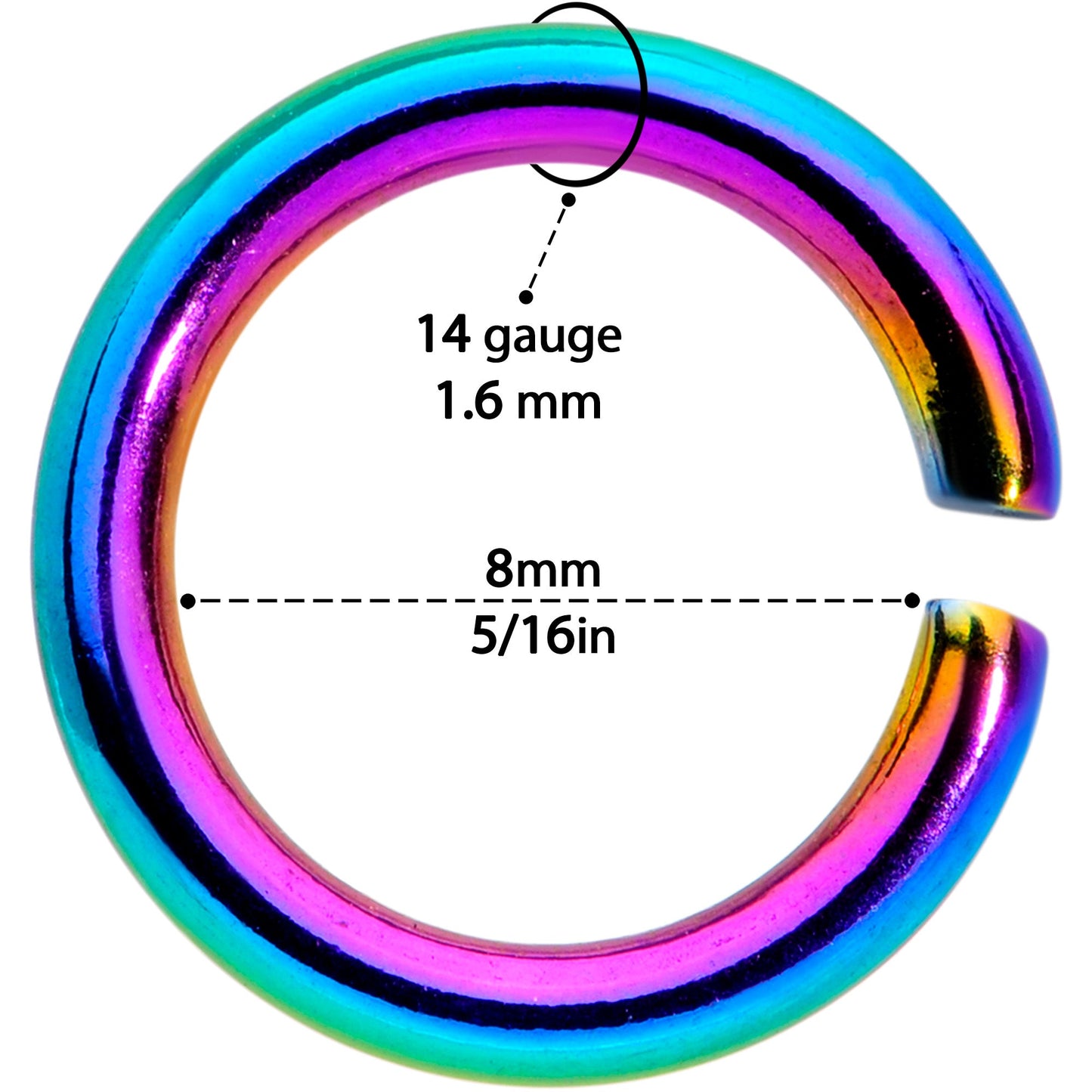 14G 5/16 Rainbow Anodized Seamless Cartilage Ring Set of 12