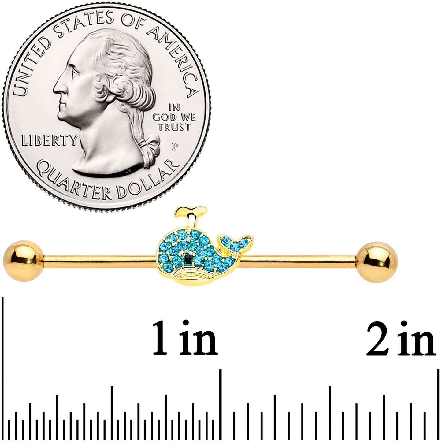 14G Aqua Gem Gold Tone What A Whale Industrial Barbell 38mm
