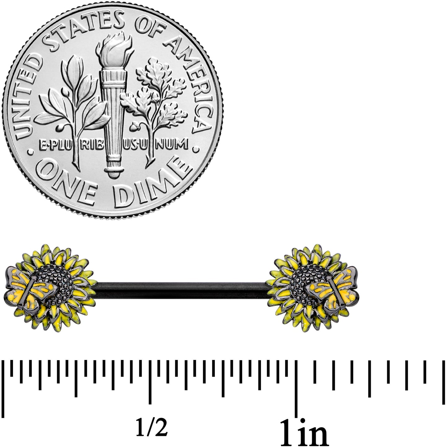 14G 5/8 Black Sunflower Butterfly Barbell Nipple Ring Set