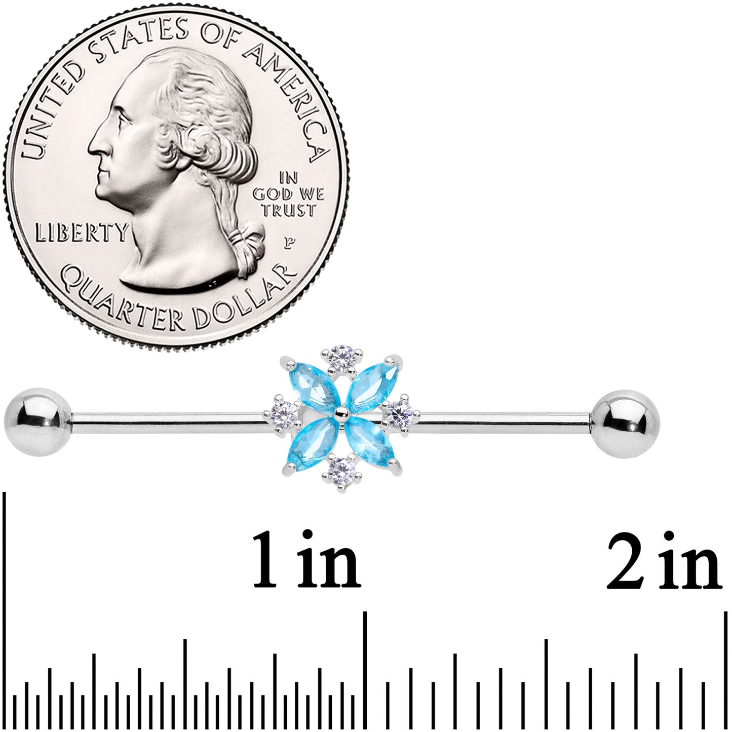 14G Aqua CZ Gem Star Burst Industrial Barbell 38mm