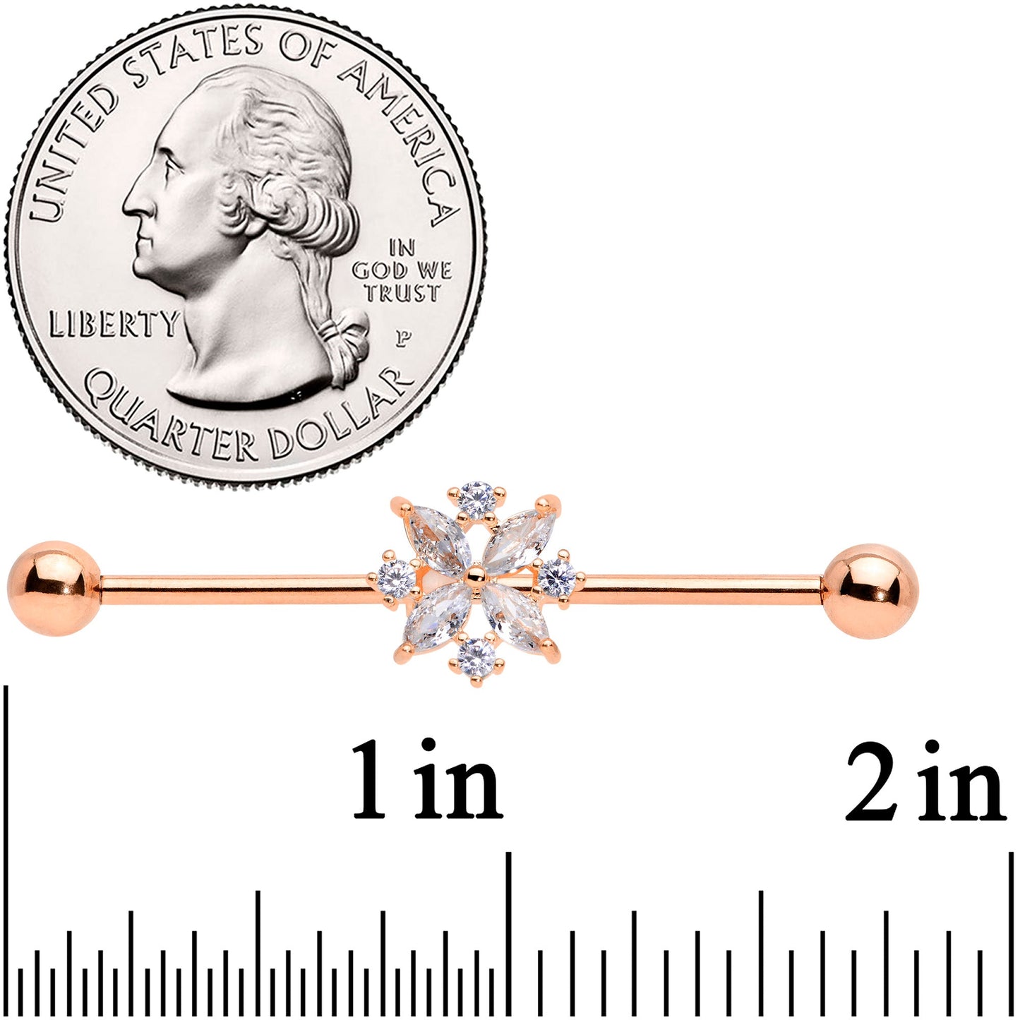 14G Clear CZ Gem Rose Gold Tone Star Burst Industrial Barbell 38mm