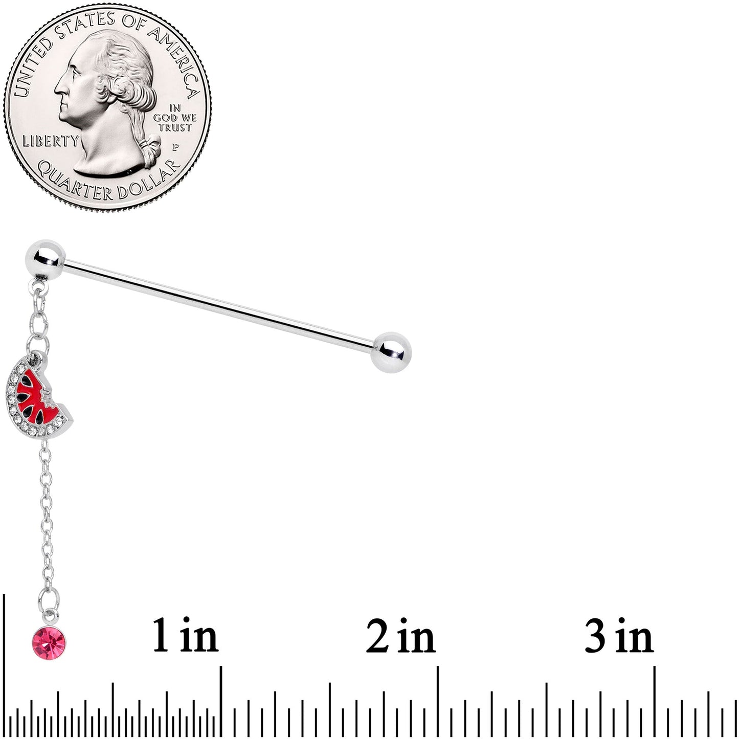 14G Clear Pink Gem Watermelon Chain Dangle Industrial Barbell 38mm