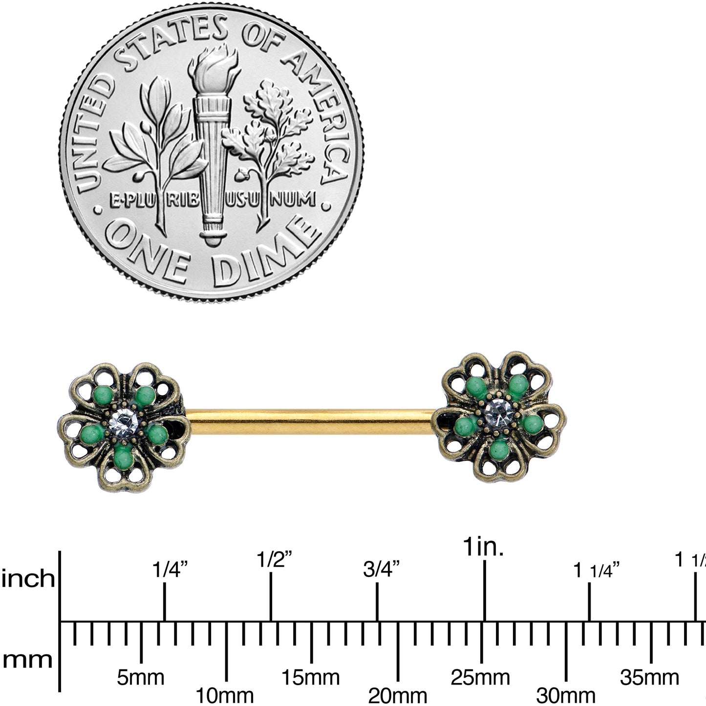14G 9/16 Gold Tone Green Flower St Patricks Day Nipple Ring Set