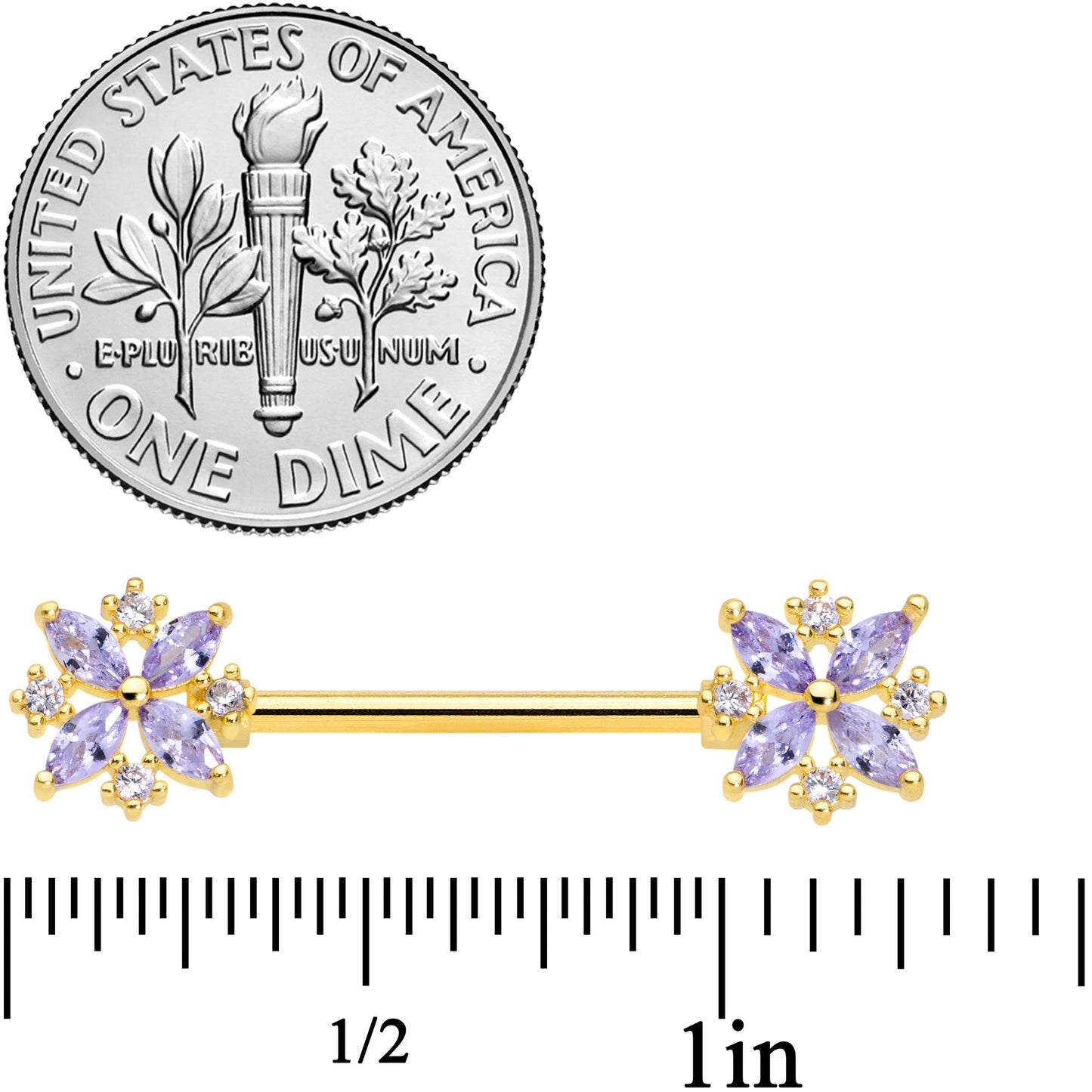 14G 5/8 Purple CZ Gem Gold Tone Star Burst Nipple Ring Set