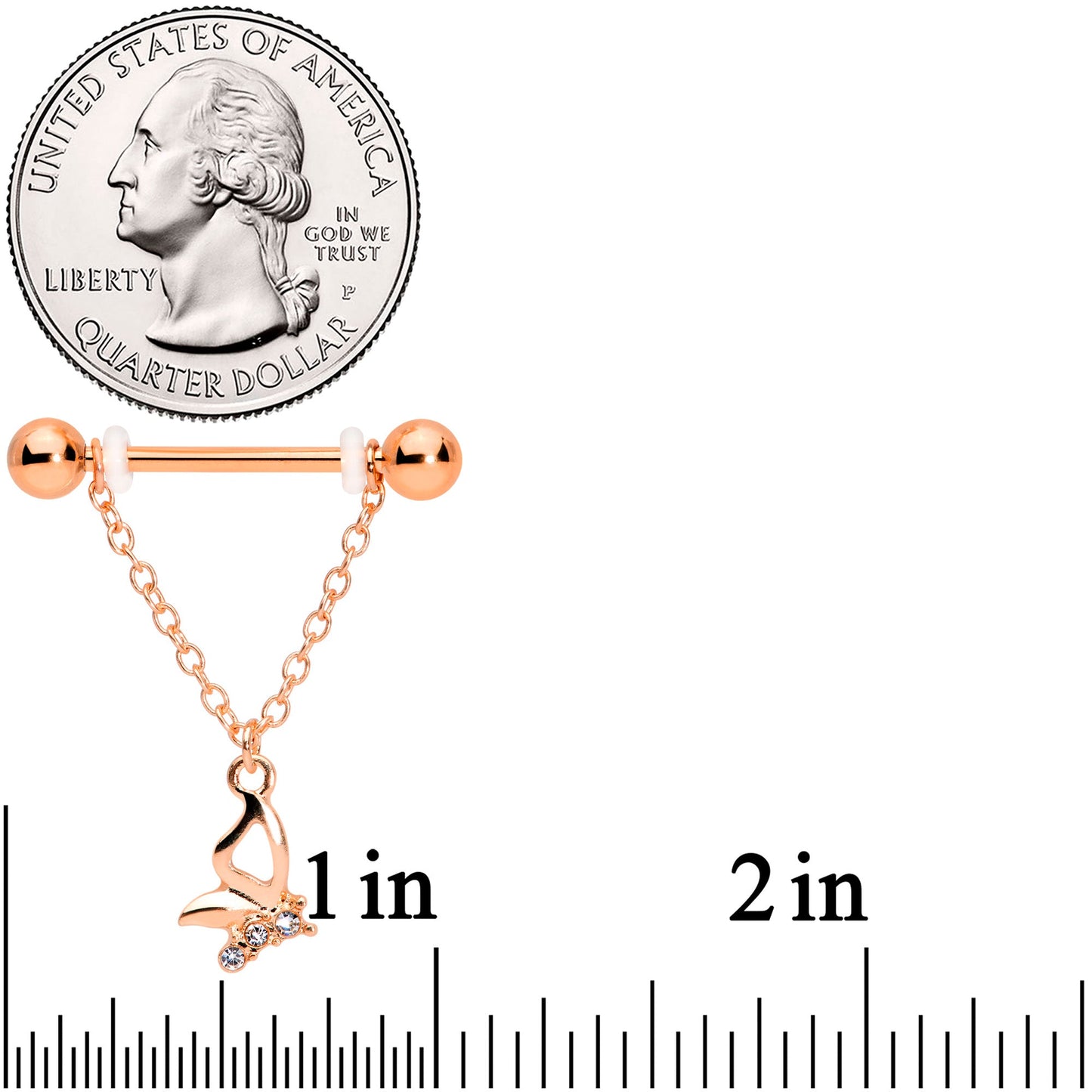 14G 5/8 Clear Gem Rose Gold Hue Butterfly Dangle Nipple Ring Set