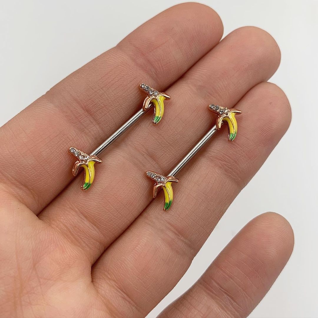 14G 9/16 Clear CZ Gem Rose Gold Tone Banana Barbell Nipple Set
