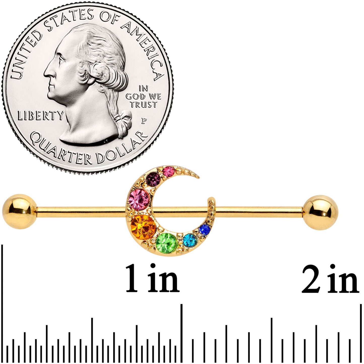 14G Rainbow Gem Gold Tone Crescent Moon Industrial Barbell 38mm
