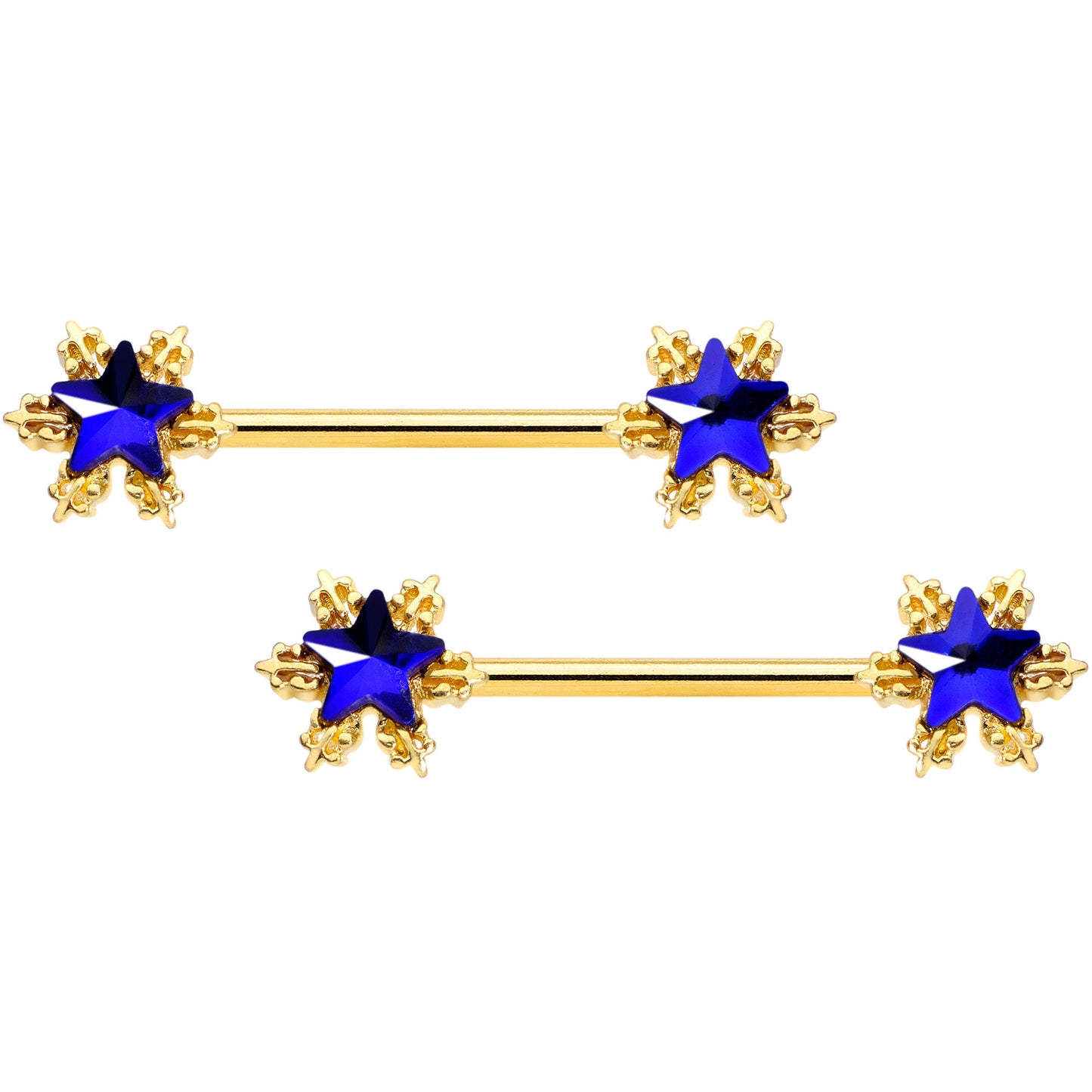14G 9/16 Blue Gem Gold Tone Stars Barbell Nipple Ring Set