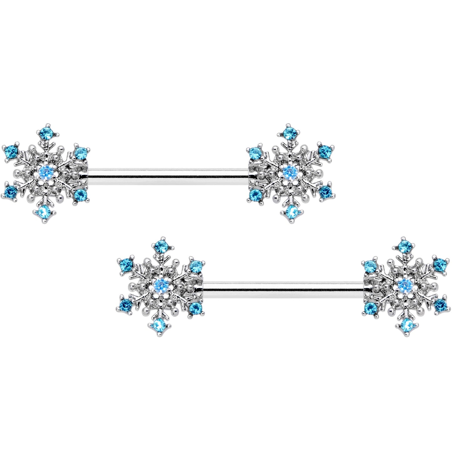 14G 9/16 Aqua Gem Snowflake Christmas Barbell Nipple Ring Set