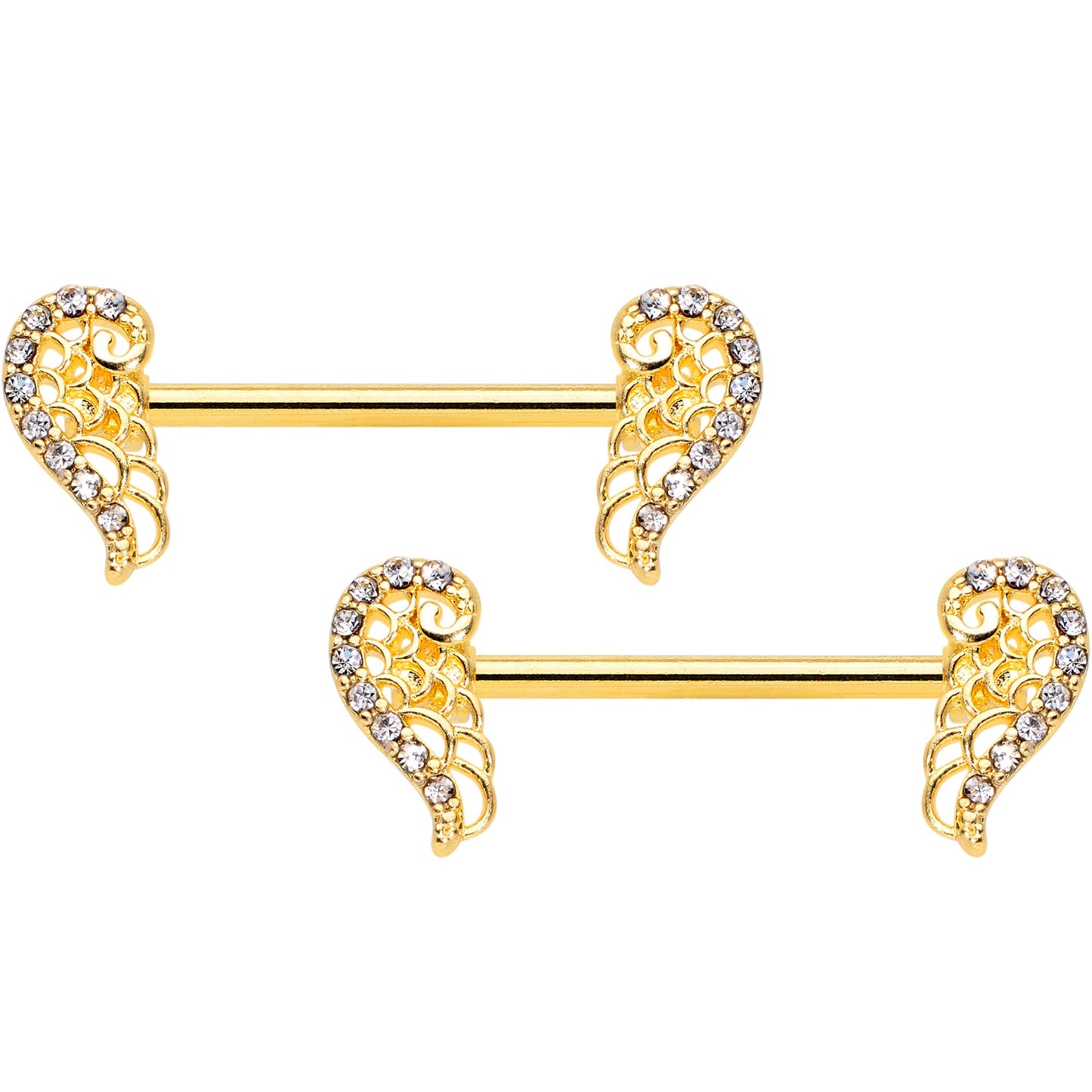 14G 9/16 Clear Gem Gold Tone Angels Wings Barbell Nipple Ring Set