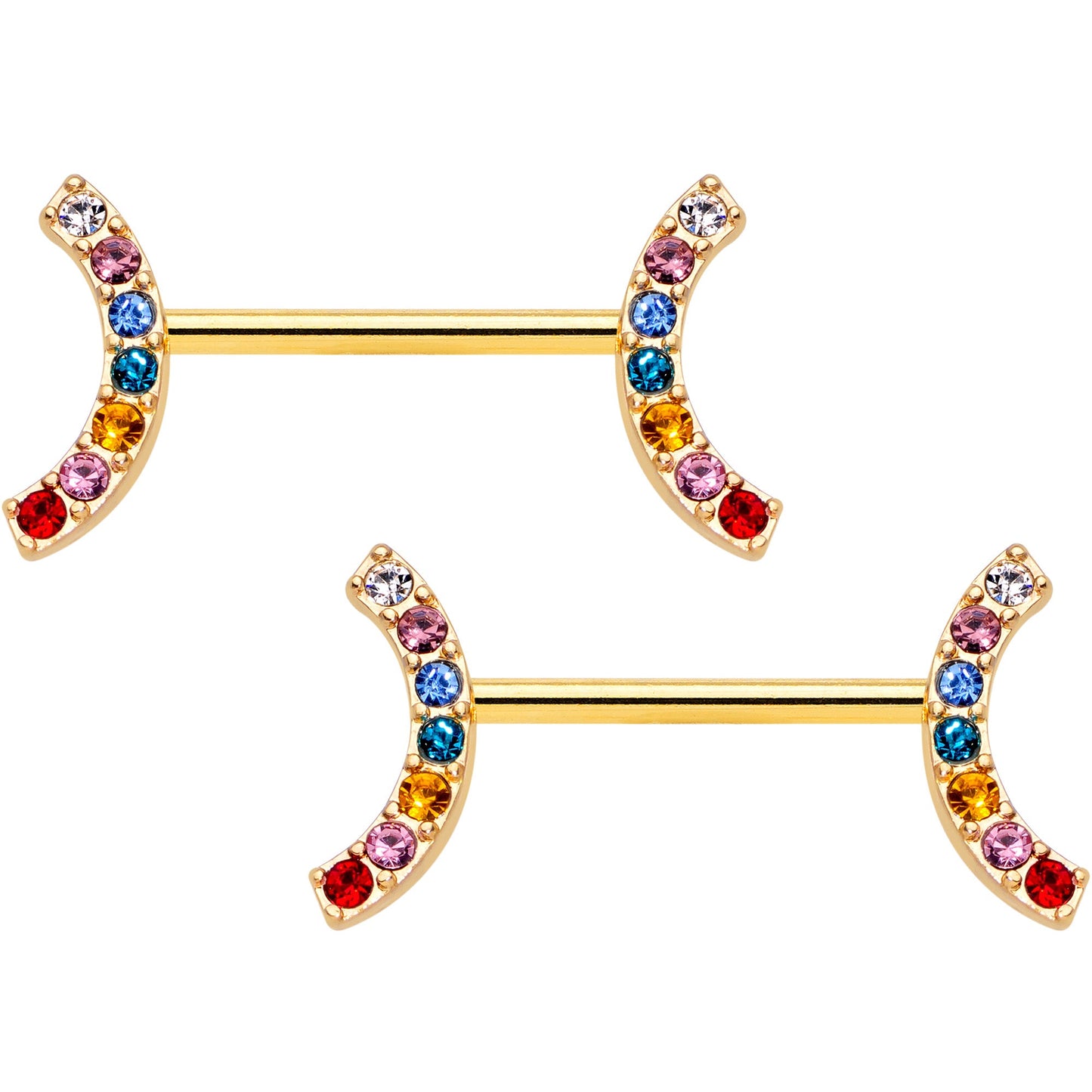 14G 9/16 Red Blue Gem Gold Tone Rainbow Arc Nipple Ring Set