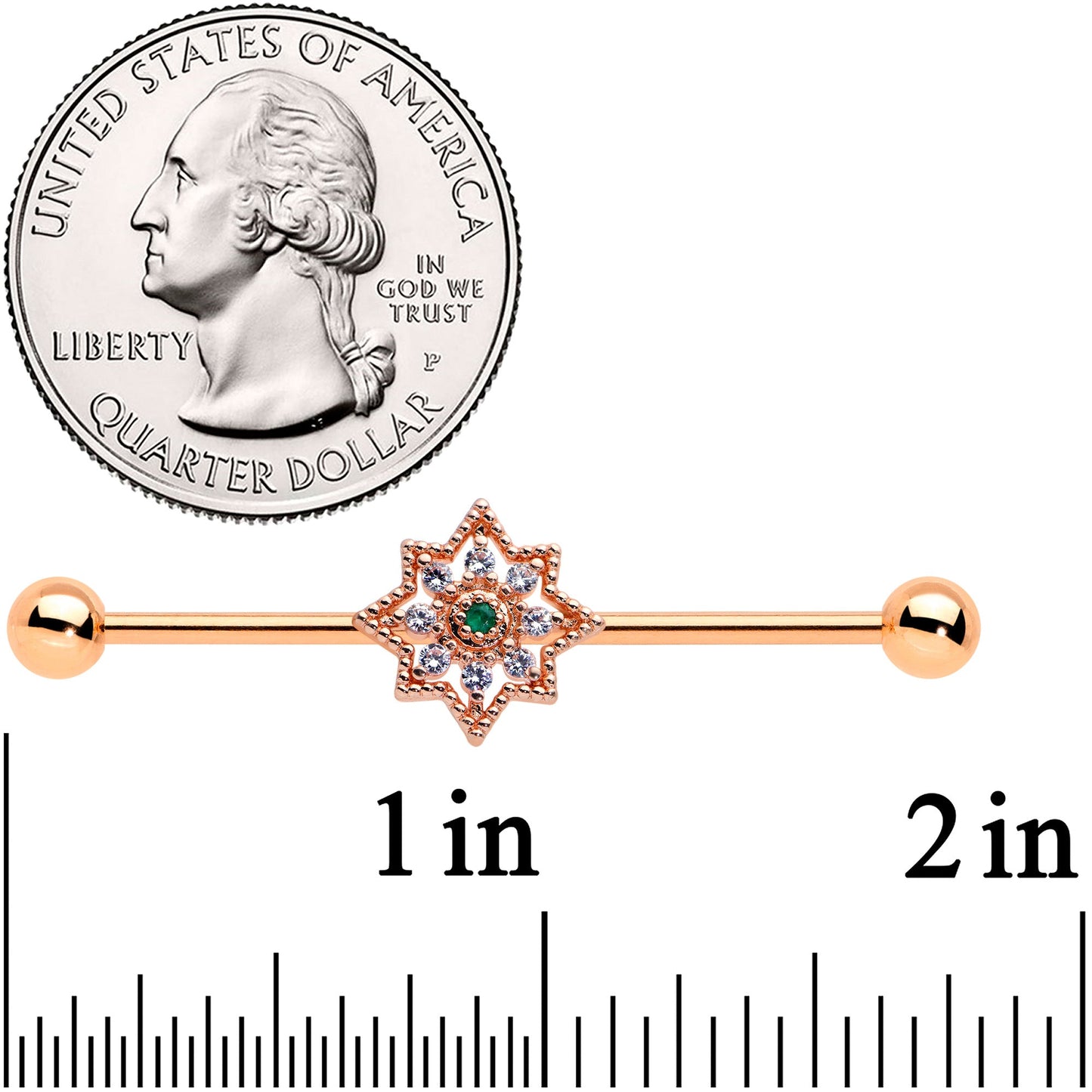 14G Green Gem Rose Gold Tone Open Star Industrial Barbell 38mm