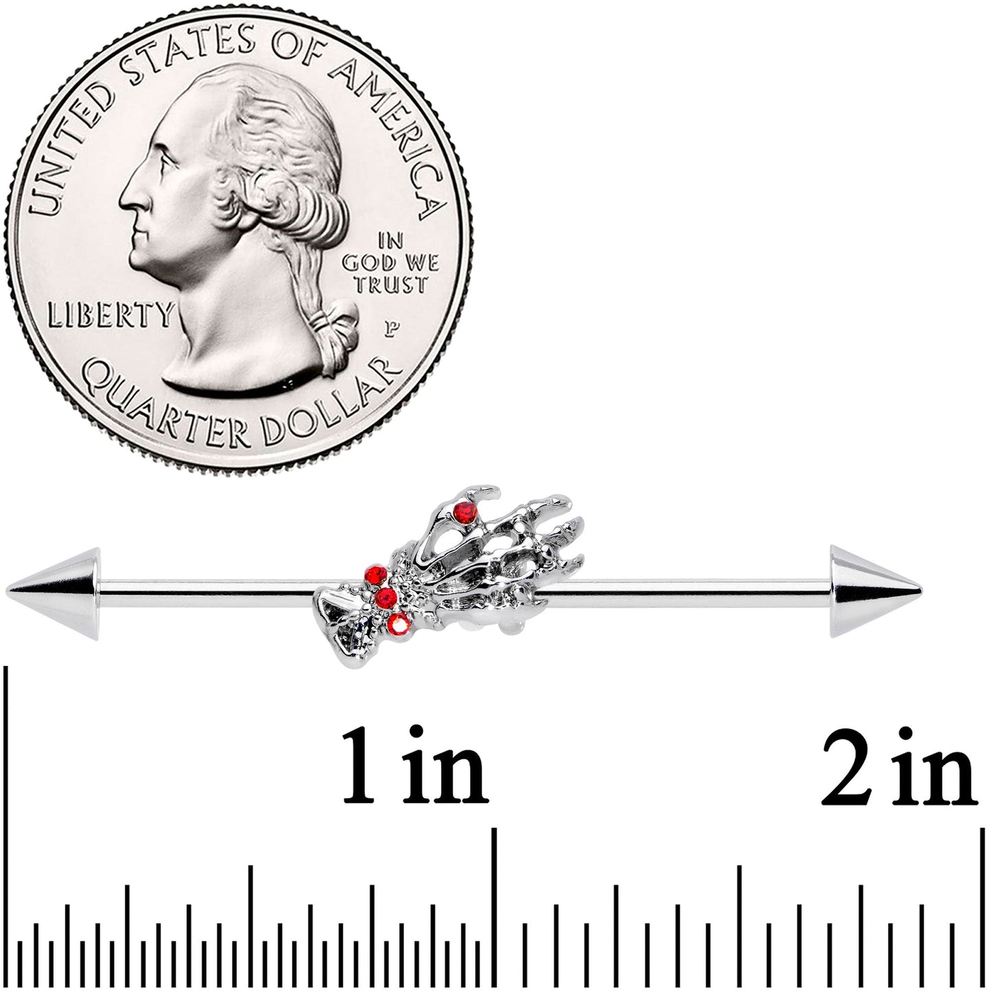 14G Red Gem Skeleton Hand Halloween Industrial Barbell 38mm