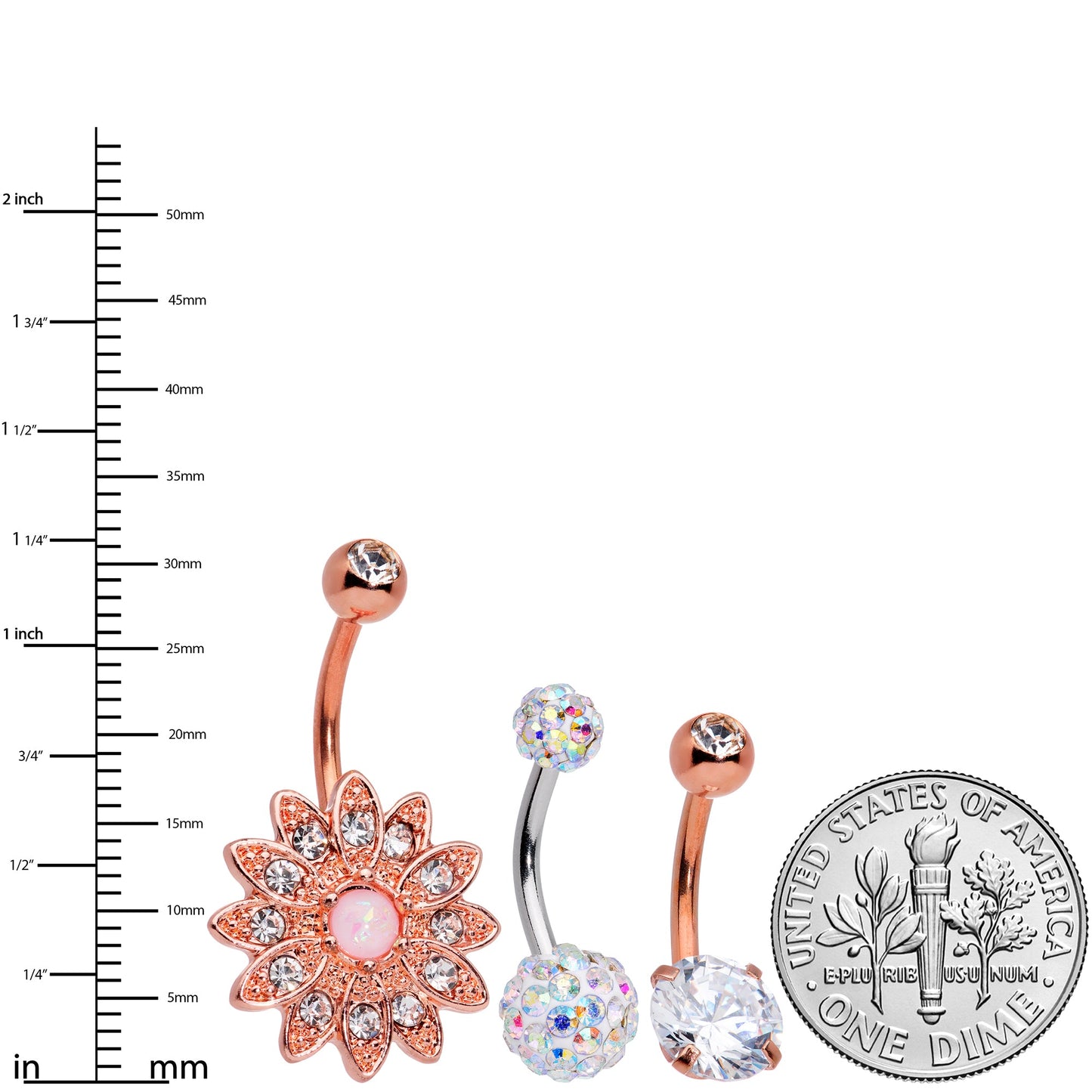 Aurora Clear Gem Rose Gold Tone Flower Belly Ring Set of 3