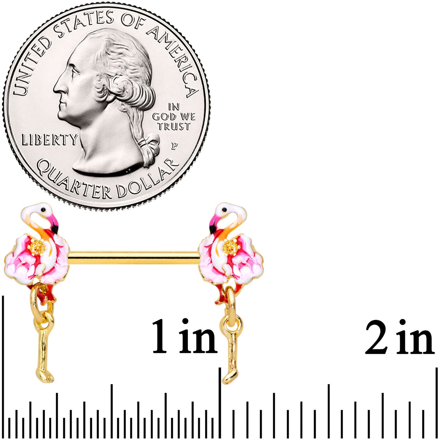 14G 9/16 Gold Tone Pink Flamingo Dangle Barbell Nipple Ring Set