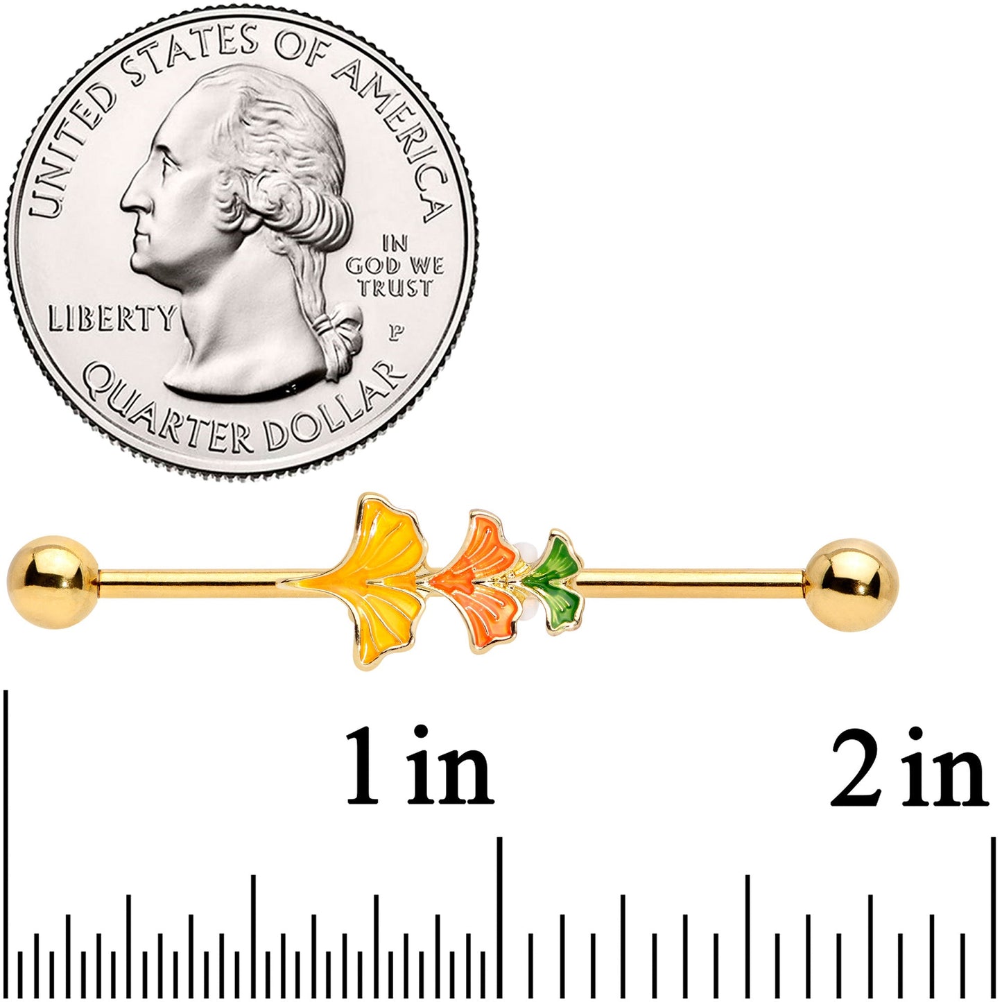 14G Gold Tone Autumn Leaves Fall Industrial Barbell 38mm