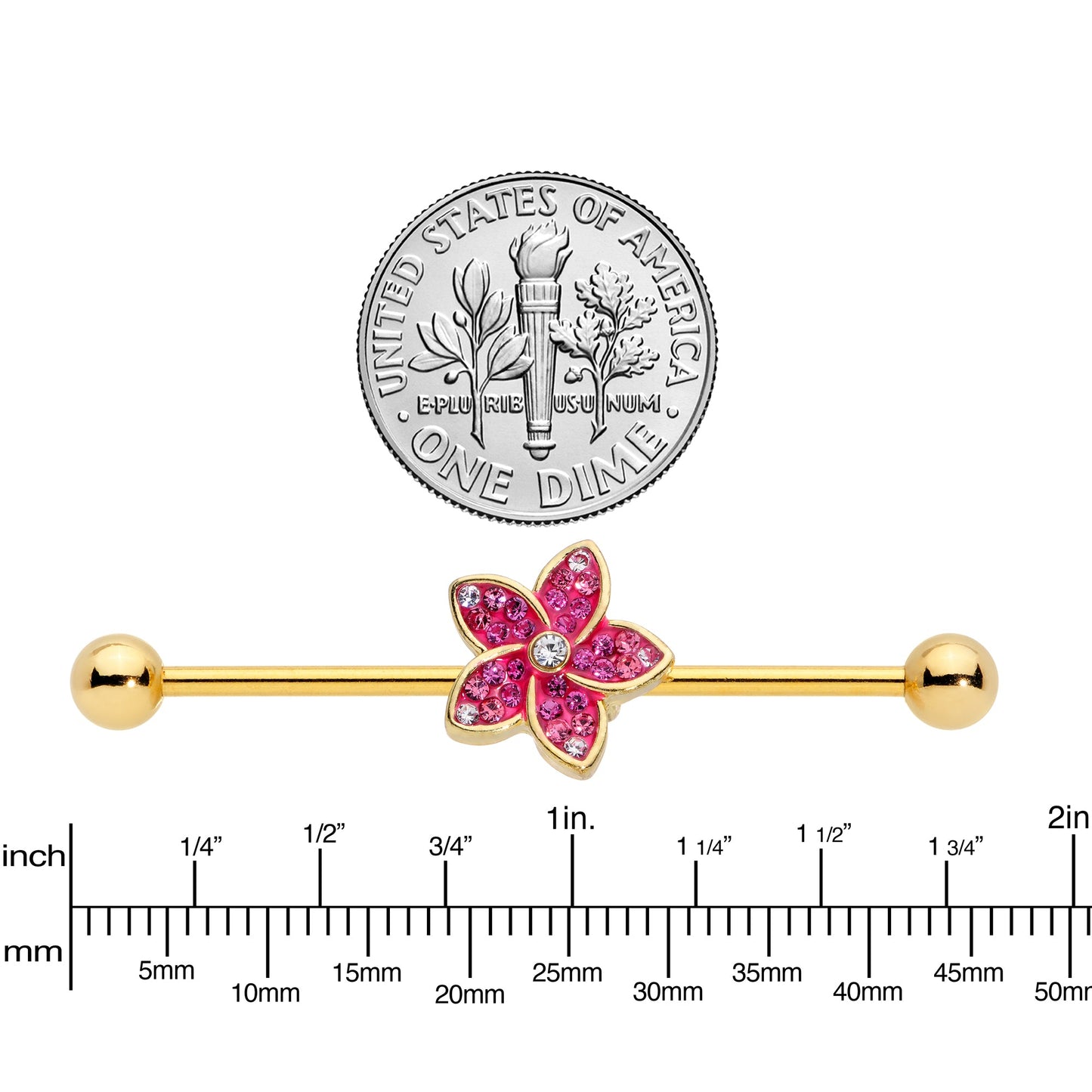 14G Clear Purple Gem Gold Tone Flower Industrial Barbell 38mm