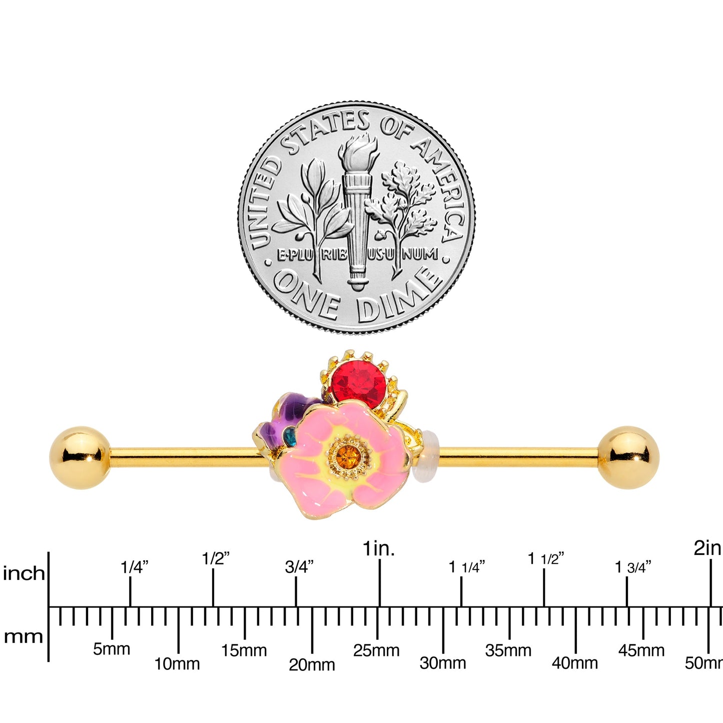 14G Red Blue Gem Gold Tone Multi Flower Industrial Barbell 38mm