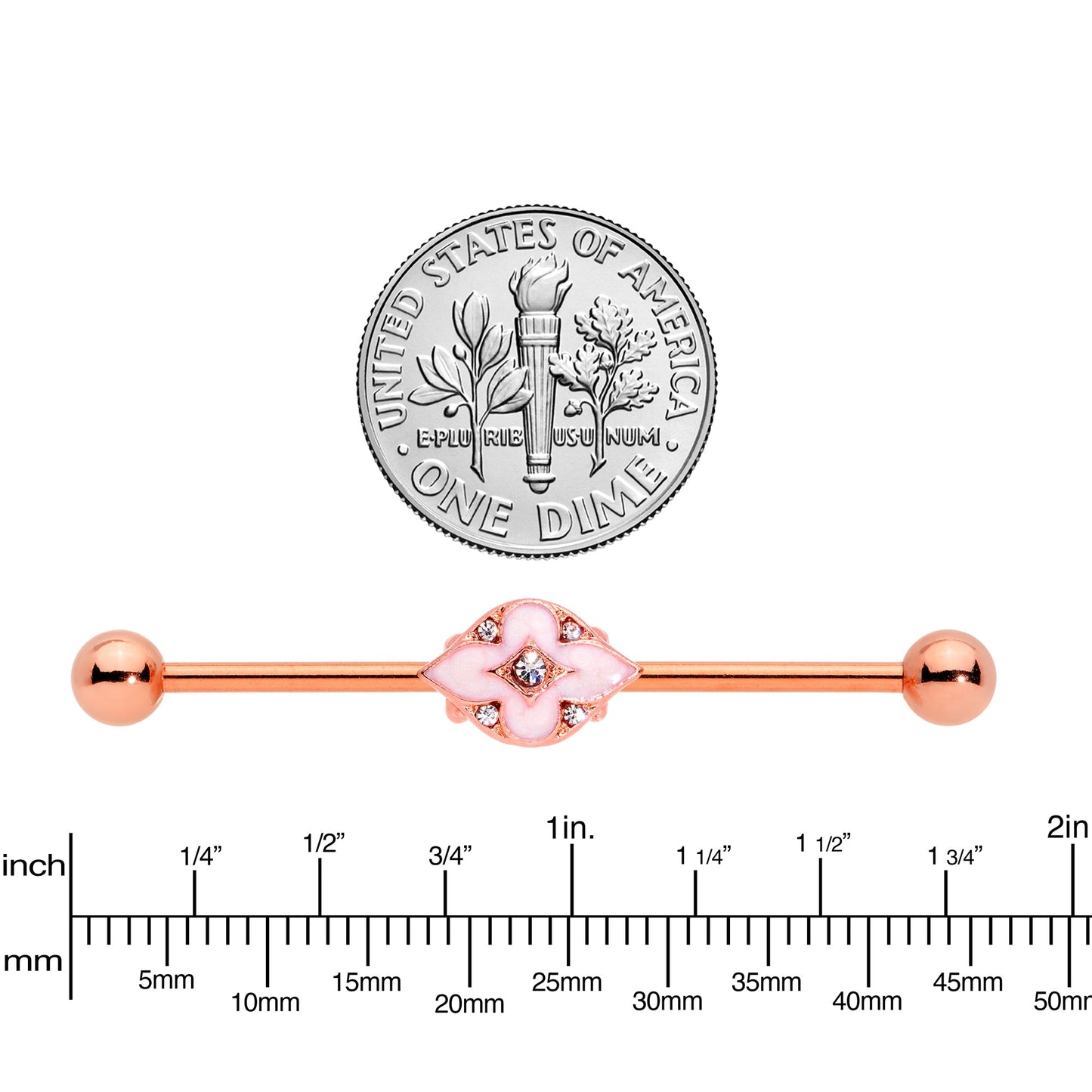 14G Clear Gem Rose Gold Tone Pink Cross Industrial Barbell 38mm