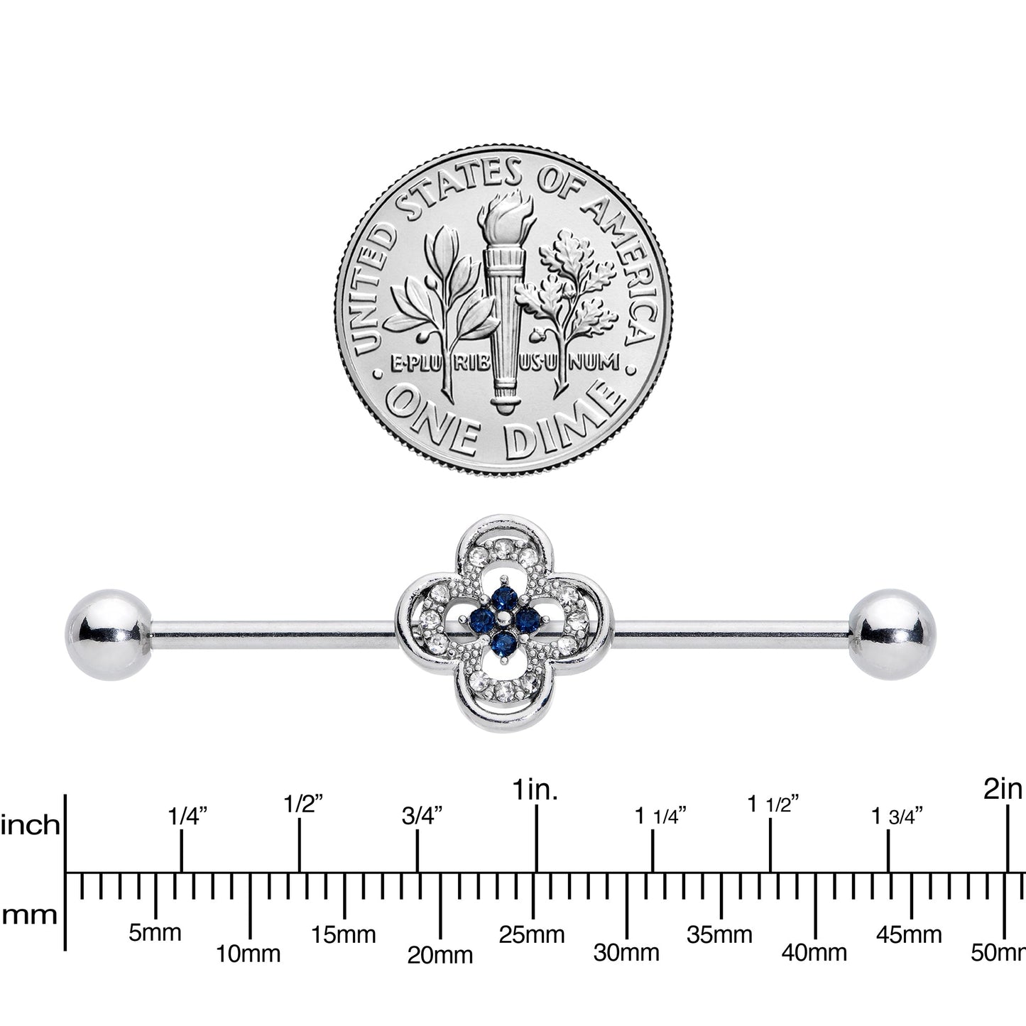 14G Blue Gem Stylized Deco Cross Industrial Barbell 38mm