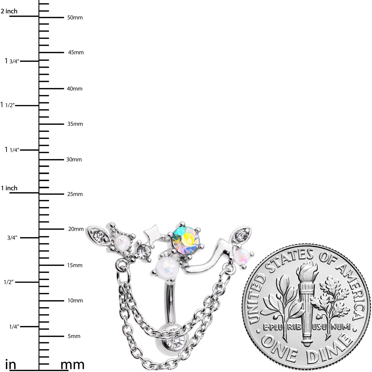 White Faux Opal Aurora Clear Gem Chain Dangle Top Mount Belly Ring