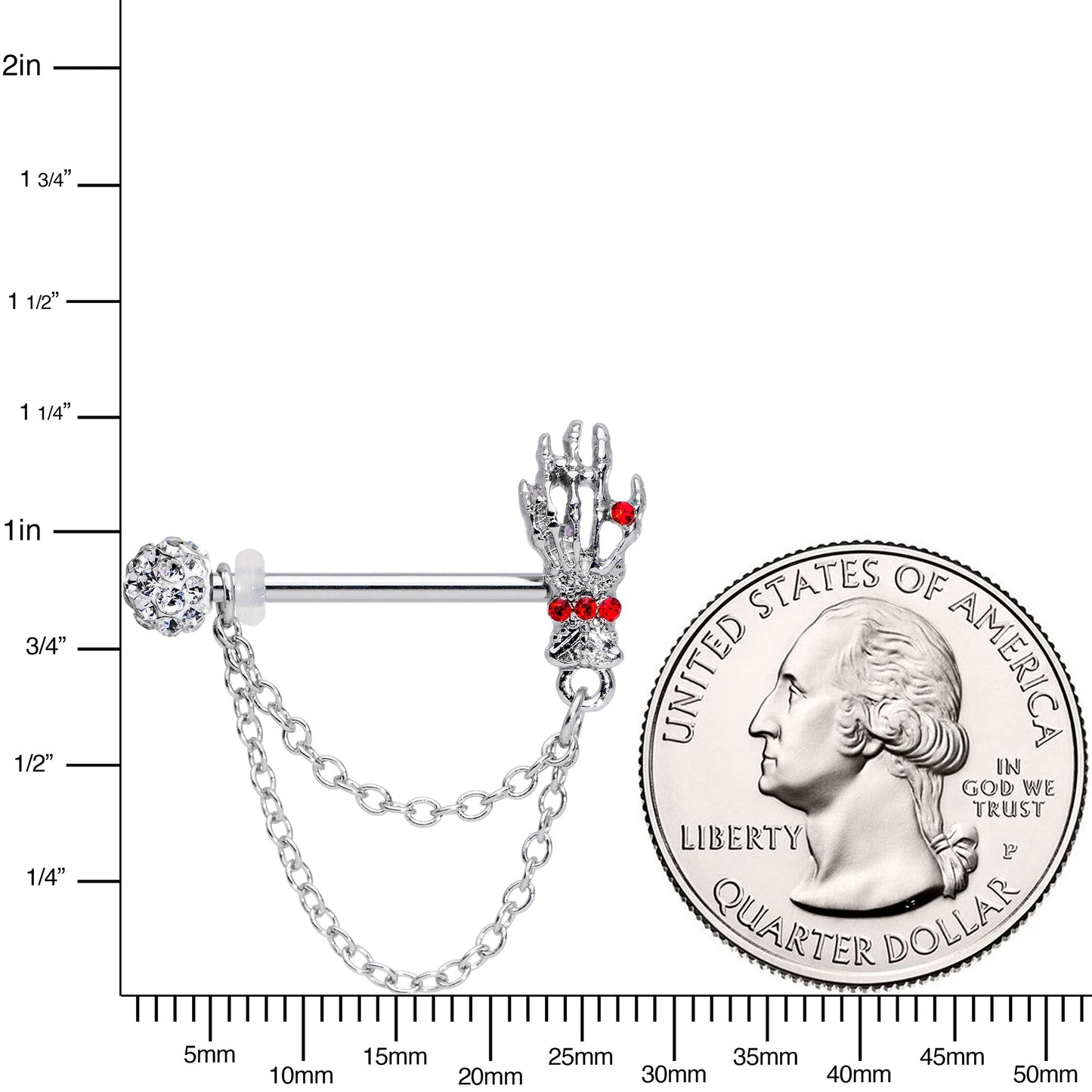 14G 9/16 Red Gem Skeleton Hands Halloween Dangle Nipple Ring Set